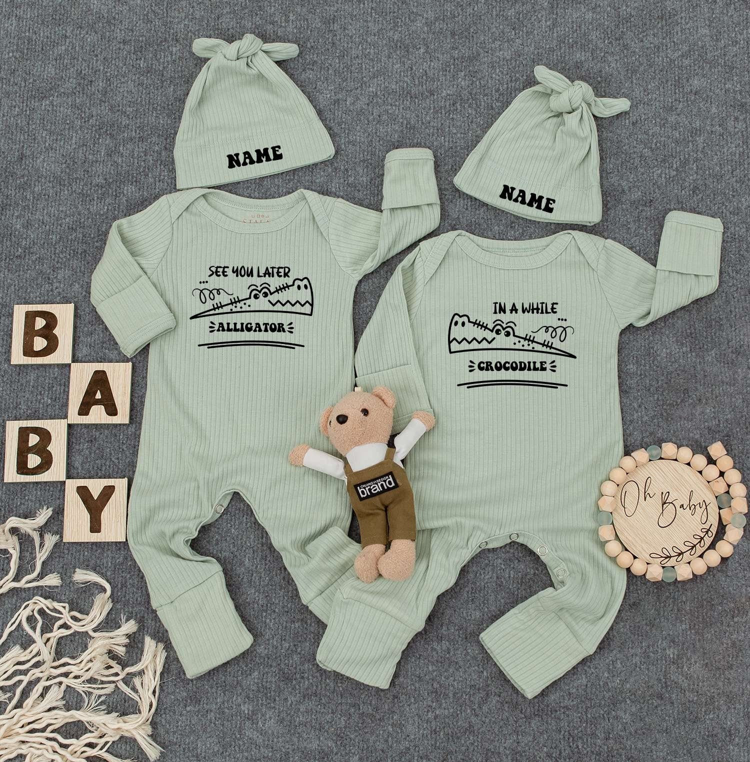 See You Later Alligator Twin Bodysuit Set Personalized Baby Gift Light Green Cotton Outfit Whimsical Animal Design for Newborns