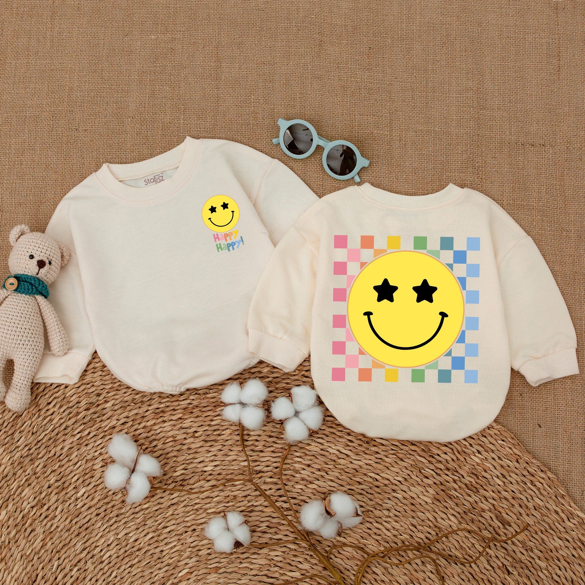 Happy Happy Smiley Face Baby Bodysuit Rainbow Checkered Romper Newborn Cotton Outfit Minimalist Infant Clothes Gift
