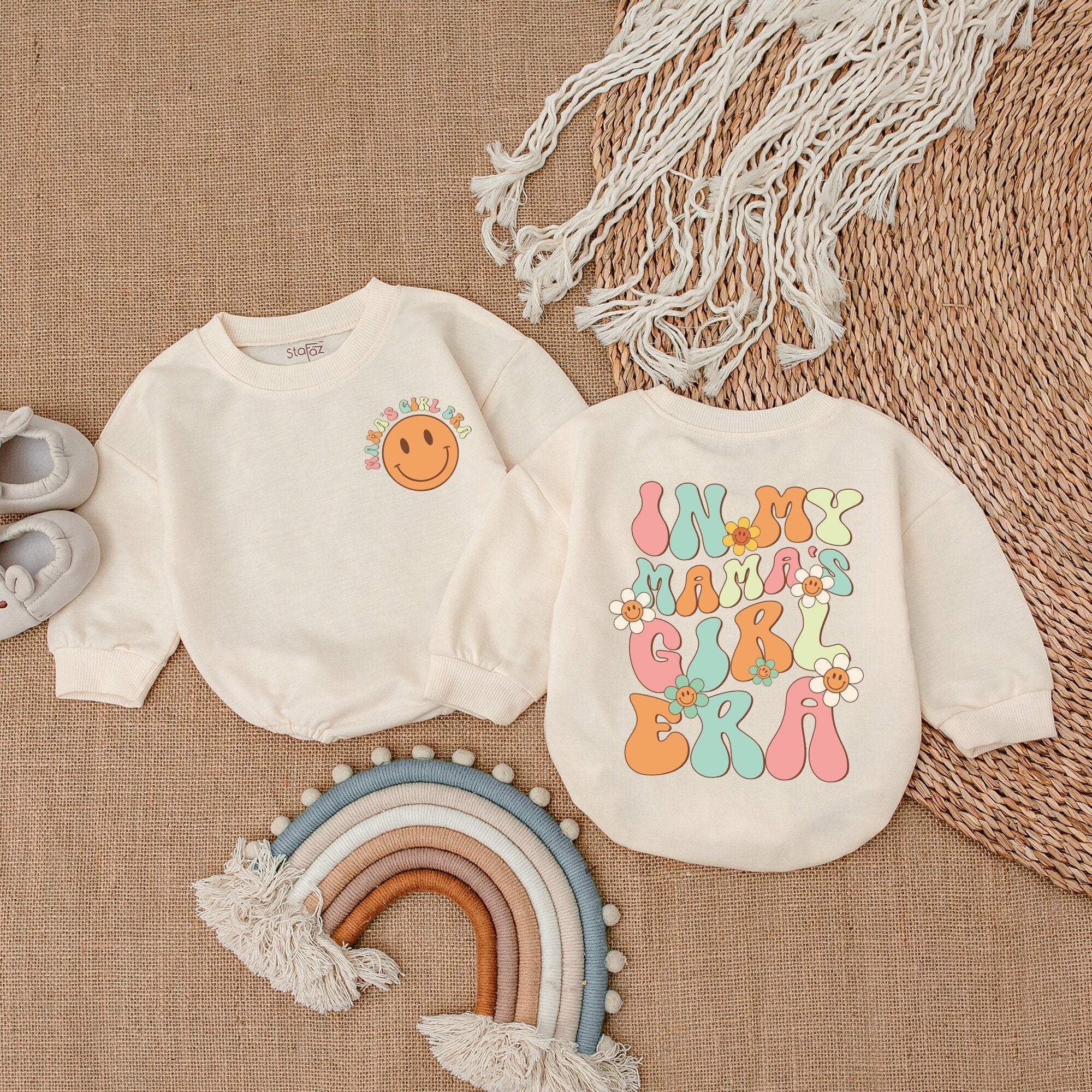 In My Mama's Girl Era Romper Pastel Flowers Baby Outfit for Girls Retro 70s Design Mommy Me Gift Comfortable Cotton Smiley Face