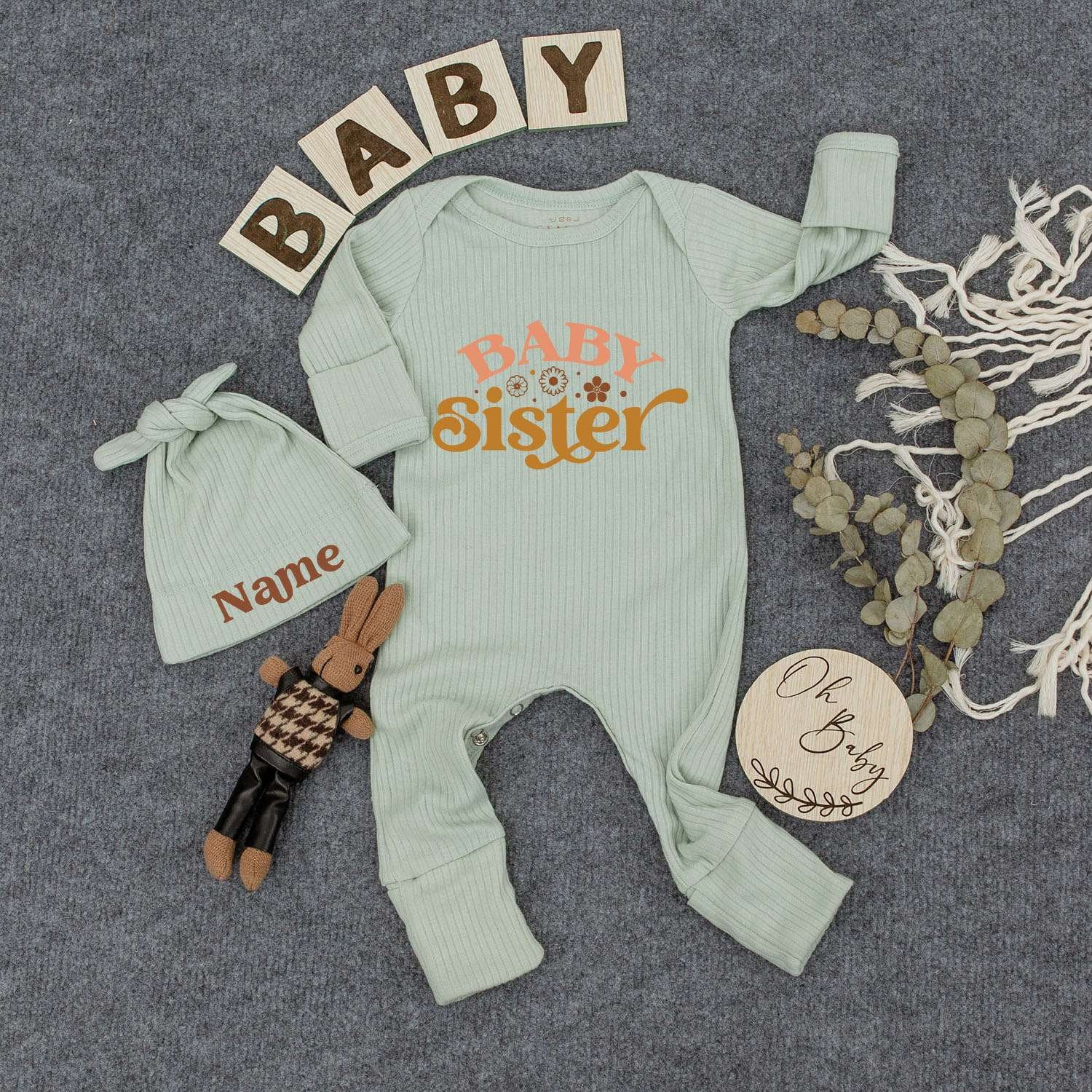 Personalized Baby Sister Outfit Soft Pink Mustard Romper Newborn Hat Set Stars Dots Design Custom Name Gift Cute Girl New Mom Present