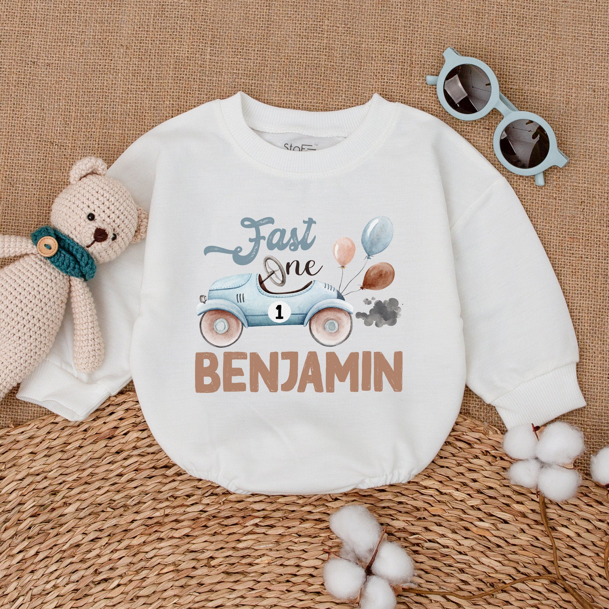 Custom Race Car Birthday Romper with Name, Fast One Bodysuit