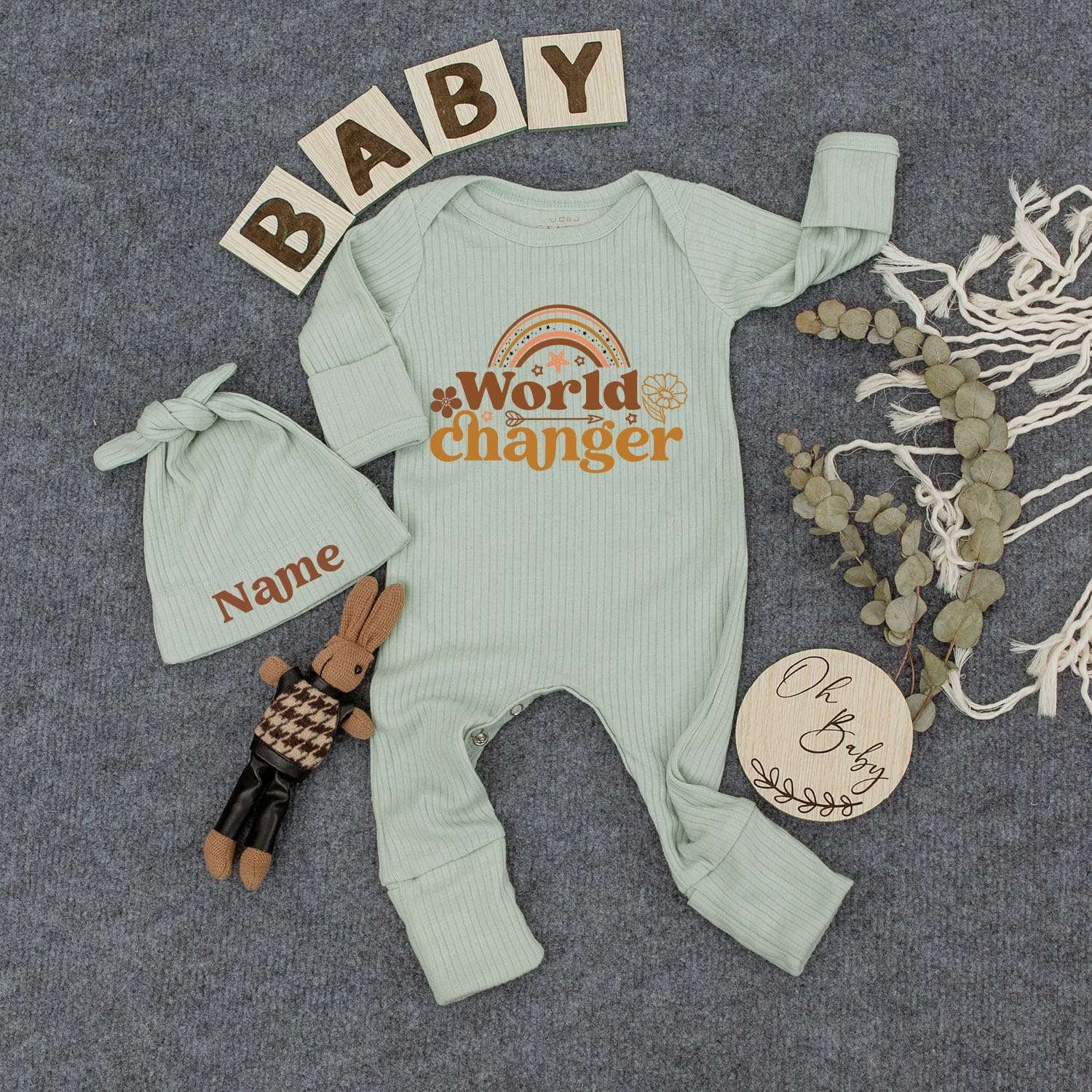 World Changer Baby Bodysuit and Hat Personalized Newborn Outfit Retro Rainbow Design Soft Cotton Infant Gift Cheerful Custom Name