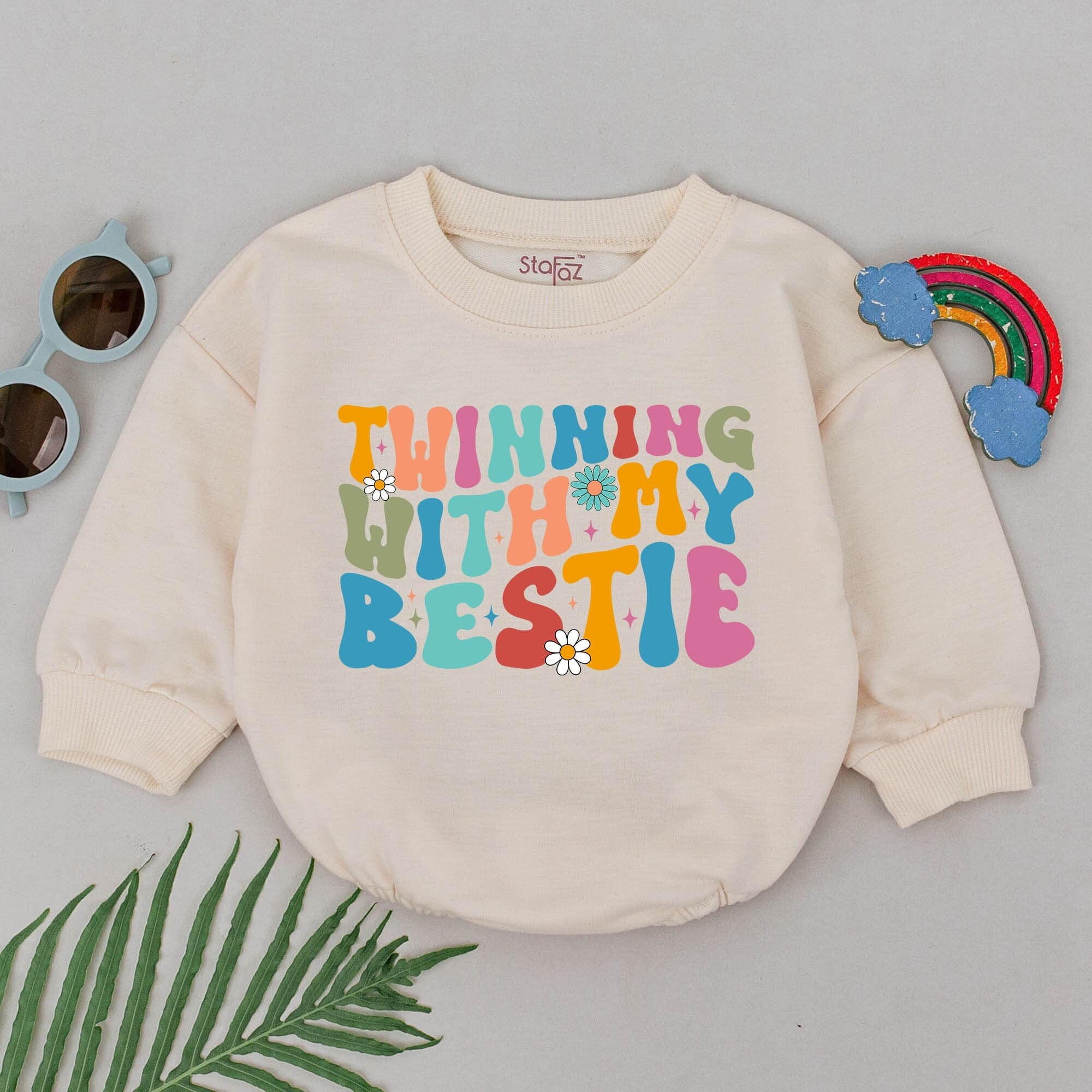 Twinning With My Bestie Romper Colorful Floral Baby Outfit Fun Gift for Twins Baby Shower Matching Cousin Bodysuit Soft Cotton Wear