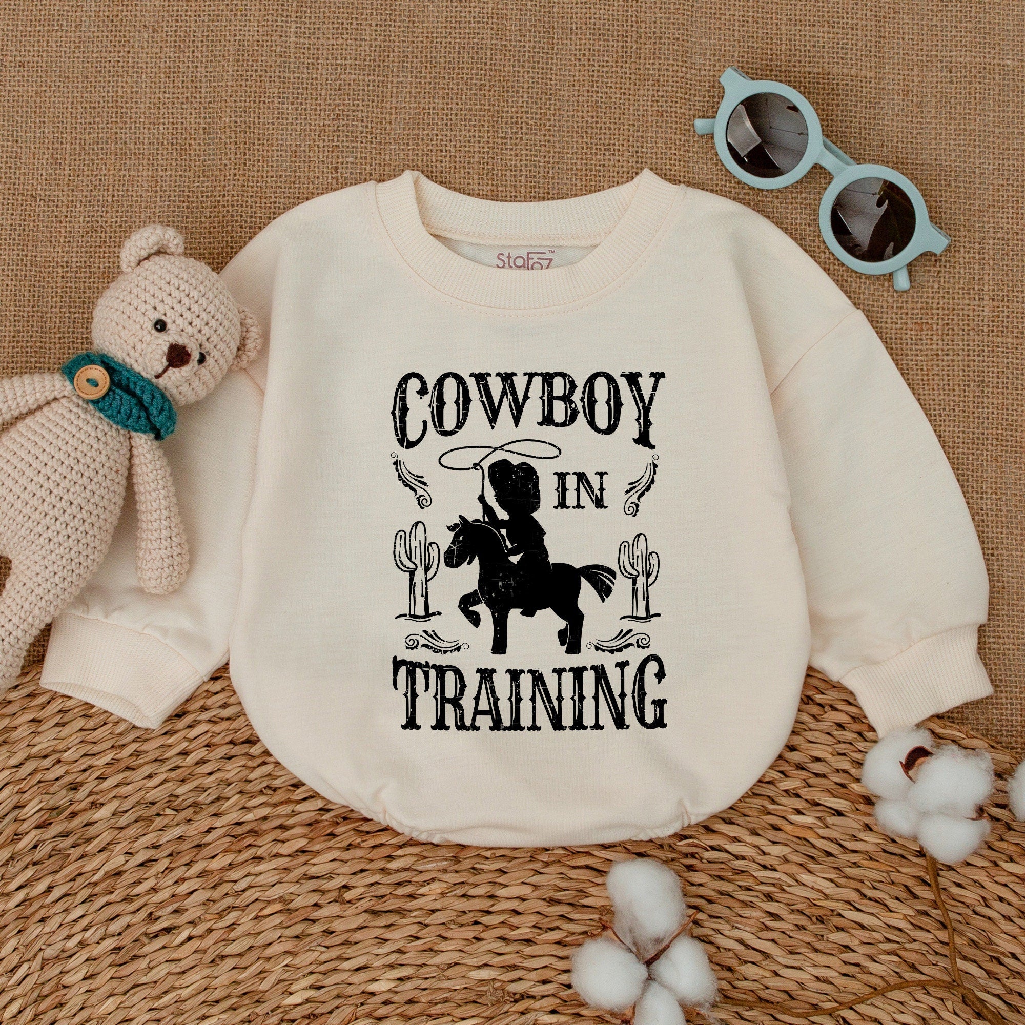 Cowboy in Training Baby Romper Western Style Newborn Gift Soft Cotton Country Bodysuit Gender Neutral Rustic Cacti Design