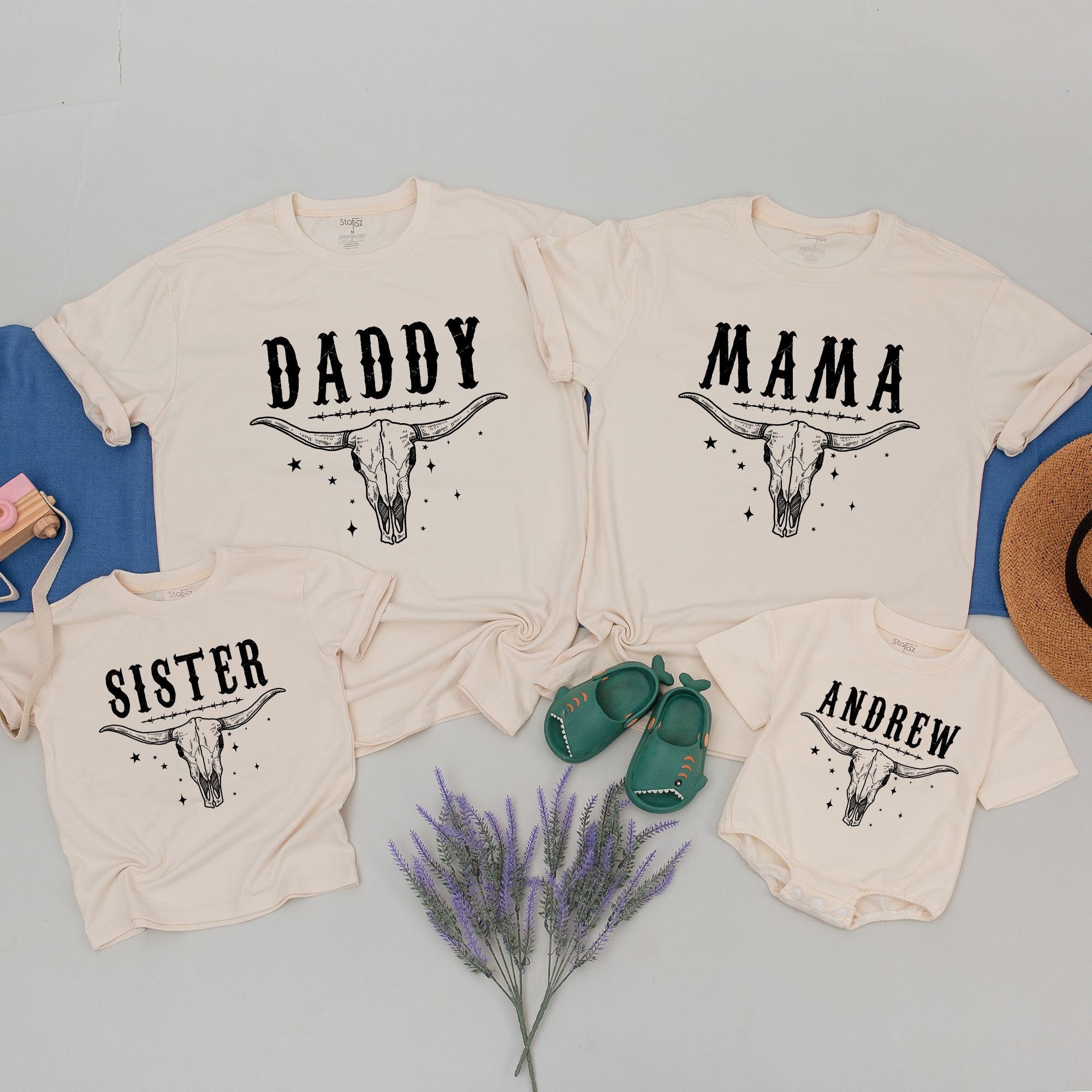 First Rodeo Family Birthday Shirts Custom Name Longhorn Skull Western Theme Baby Boy Girl Mama Daddy Tee Personalized Gift