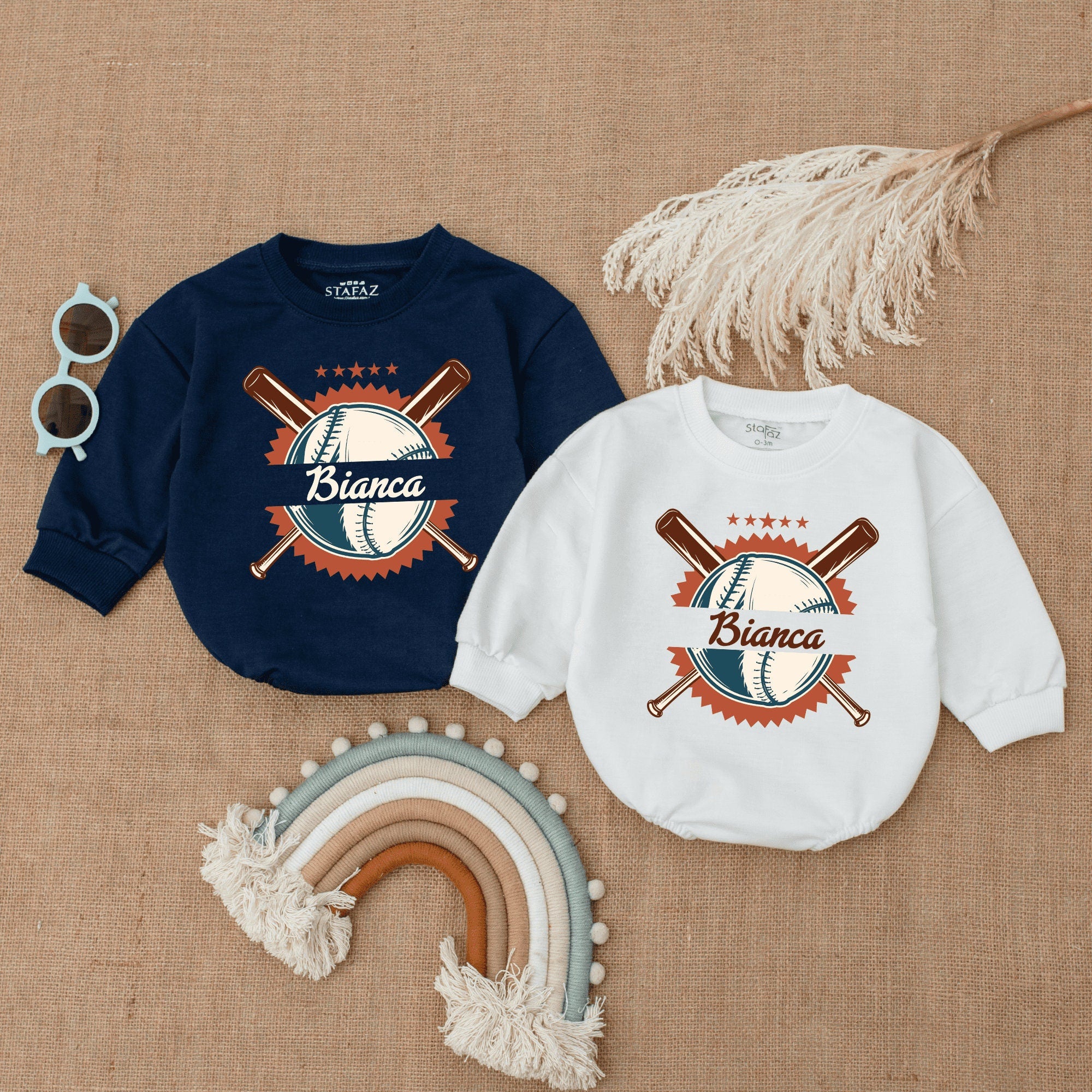 Personalized Bianca Baseball Baby Romper Retro Sporty Outfit Infant Bodysuit Vintage Style Brown Blue White Cotton Comfortable Birthday Gift