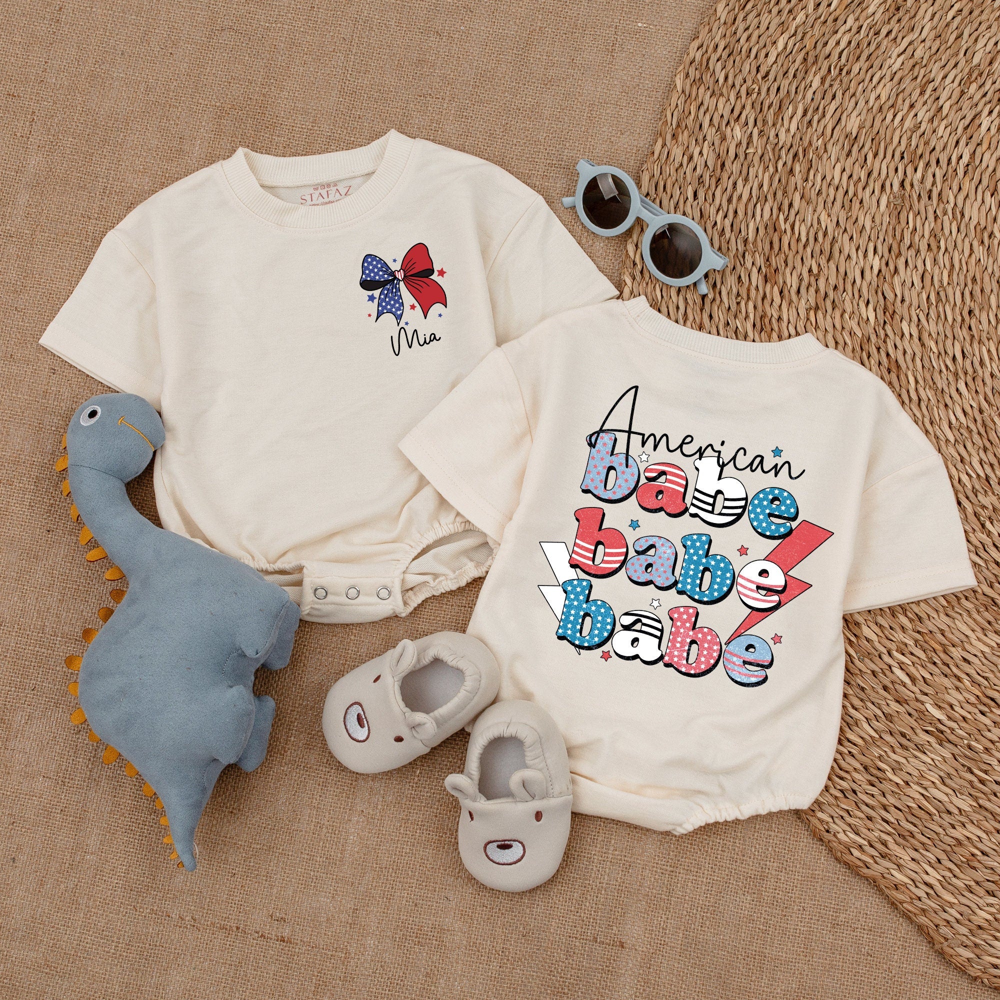 Custom American Butterfly Romper Patriotic Baby Outfit July 4th Infant Clothes Red White Blue Stars Personal Gift Summer