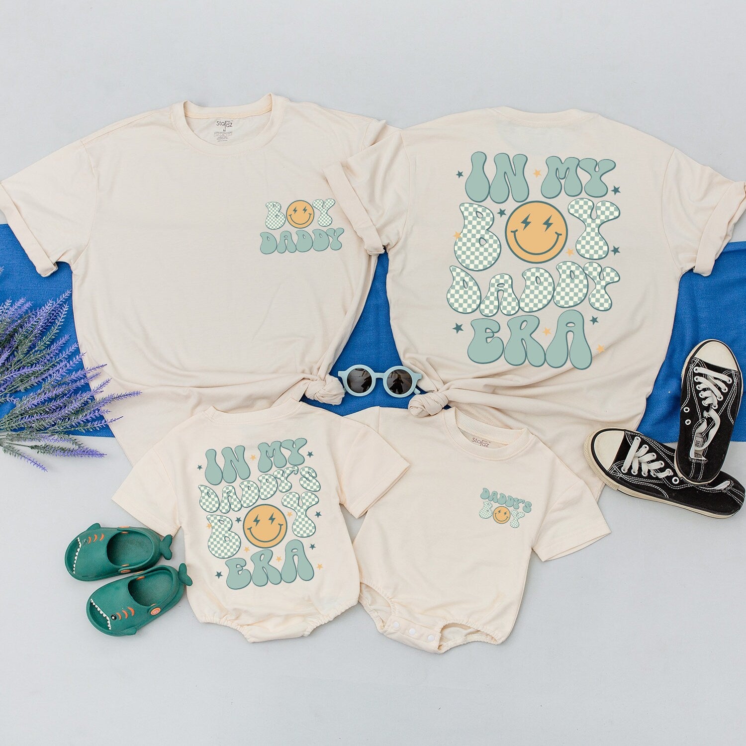 In My Boy Daddy Era and Daddy's Boy Era Matching Shirts for First Father's Day Soft Green Bubble Font Cheerful Sun Graphic