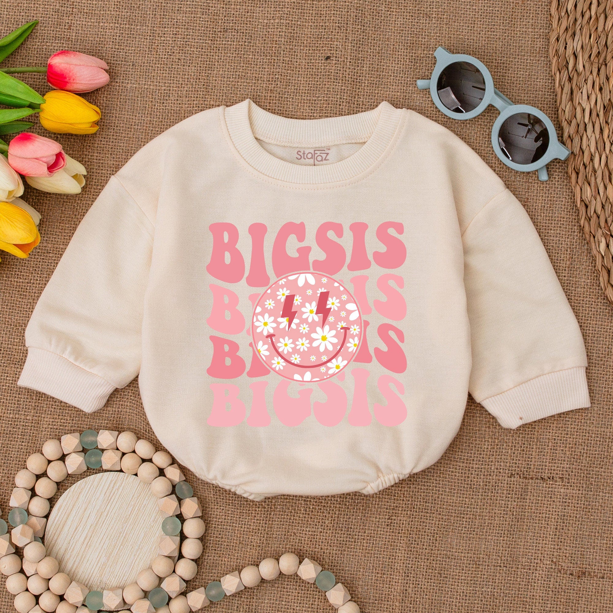 Daisy Big Sis Baby Romper Smiley Face Bodysuit Fun Pink Pattern Infant Gift Cotton Comfortable Baby Shower Outfit