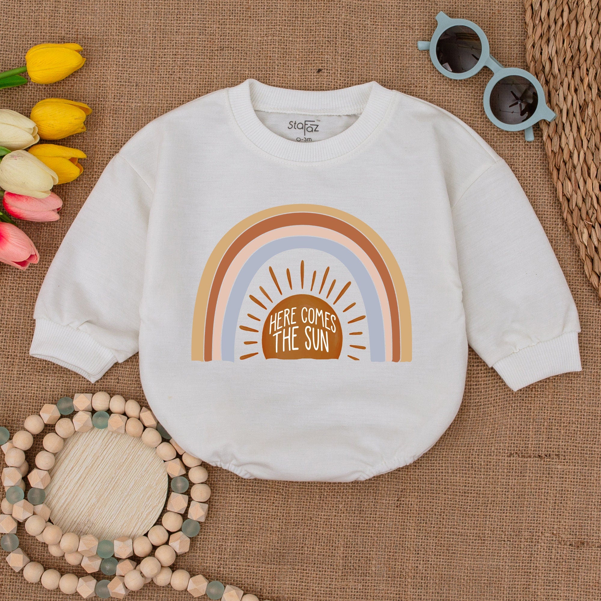 Rainbow Here Comes The Sun Baby Romper Soft Cotton Minimalist Design Gender Neutral Summer Bodysuit Orange Blue Brown Earthy Tones