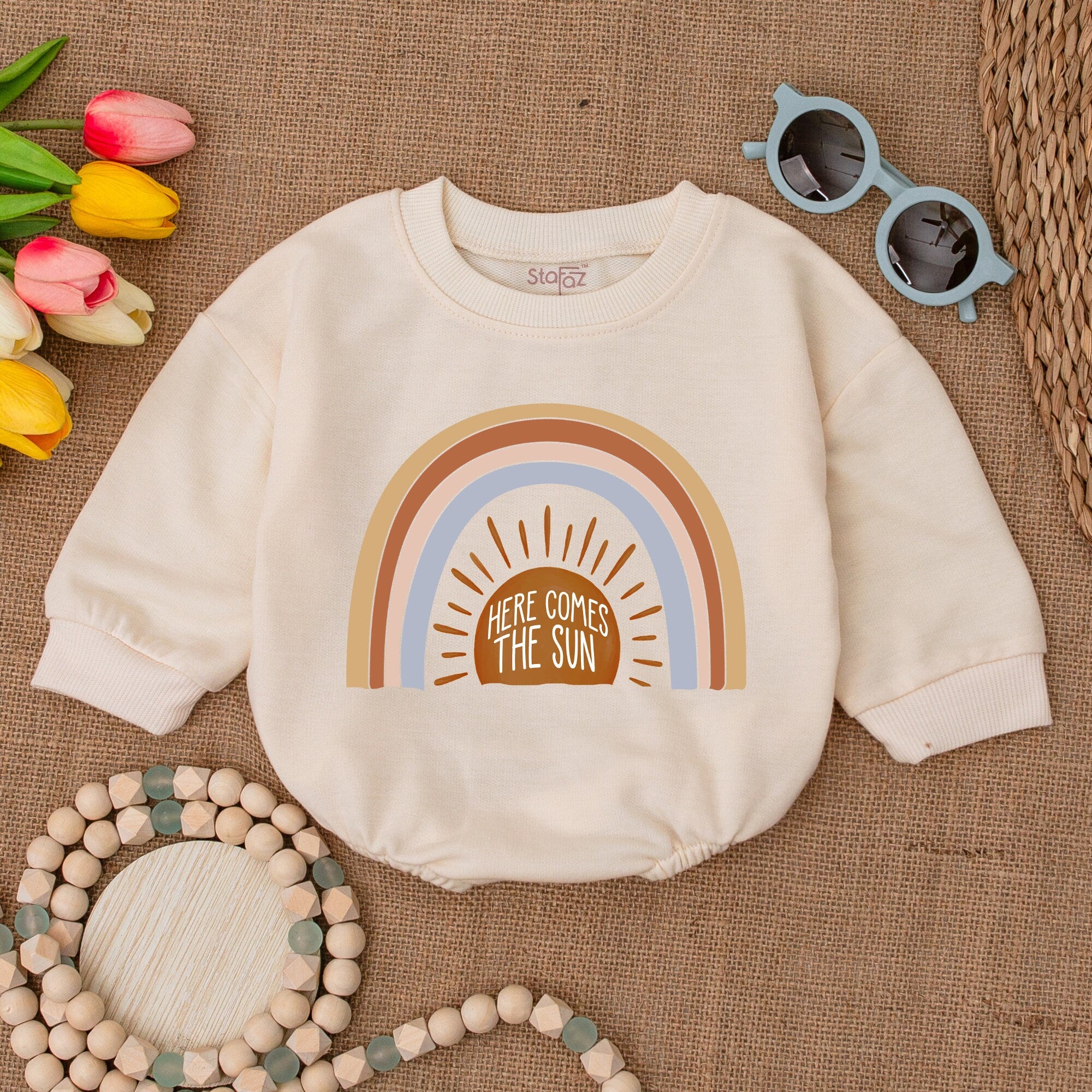 Rainbow Here Comes The Sun Baby Romper Soft Cotton Minimalist Design Gender Neutral Summer Bodysuit Orange Blue Brown Earthy Tones