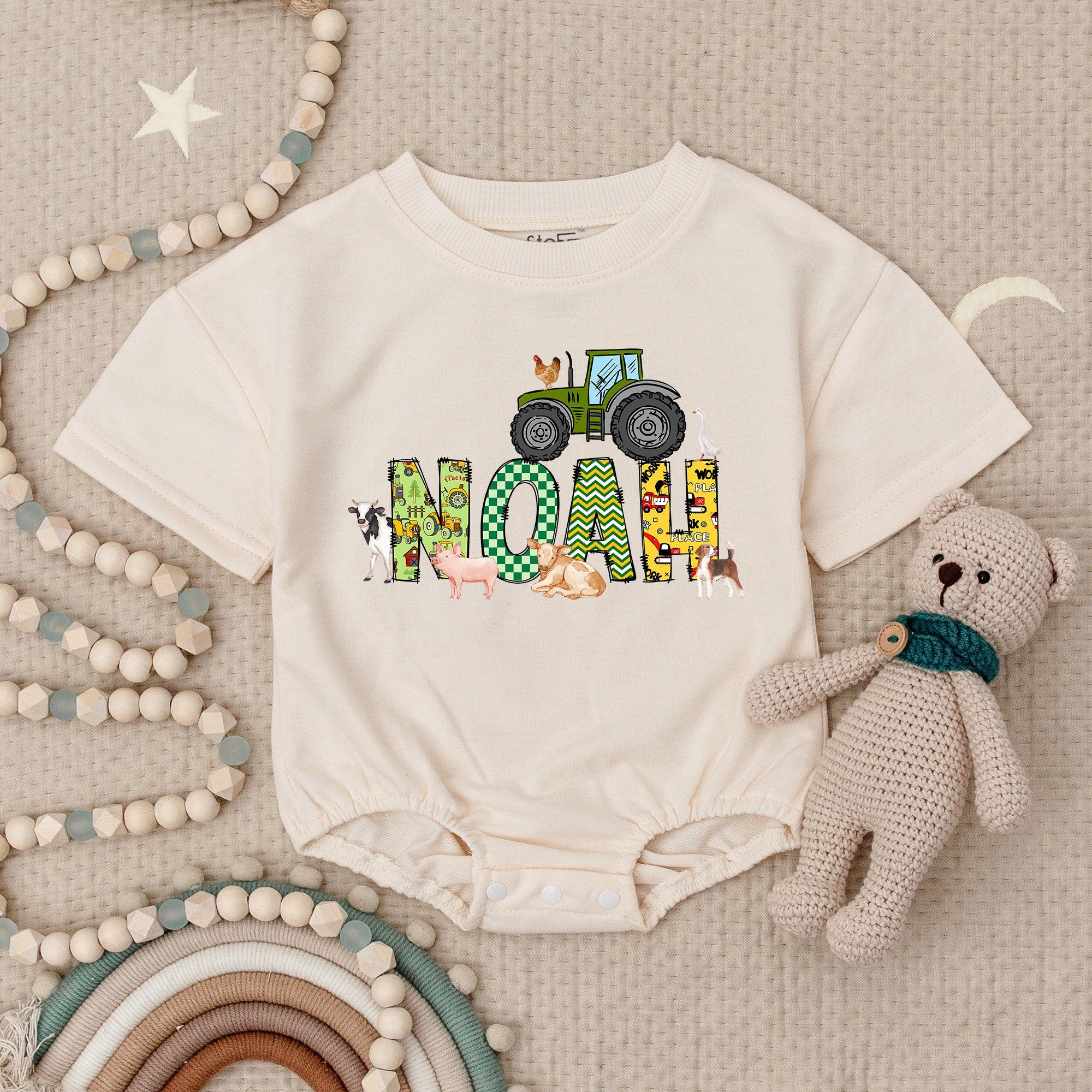 Farm-Themed Baby Romper with Personalized Tractor Design