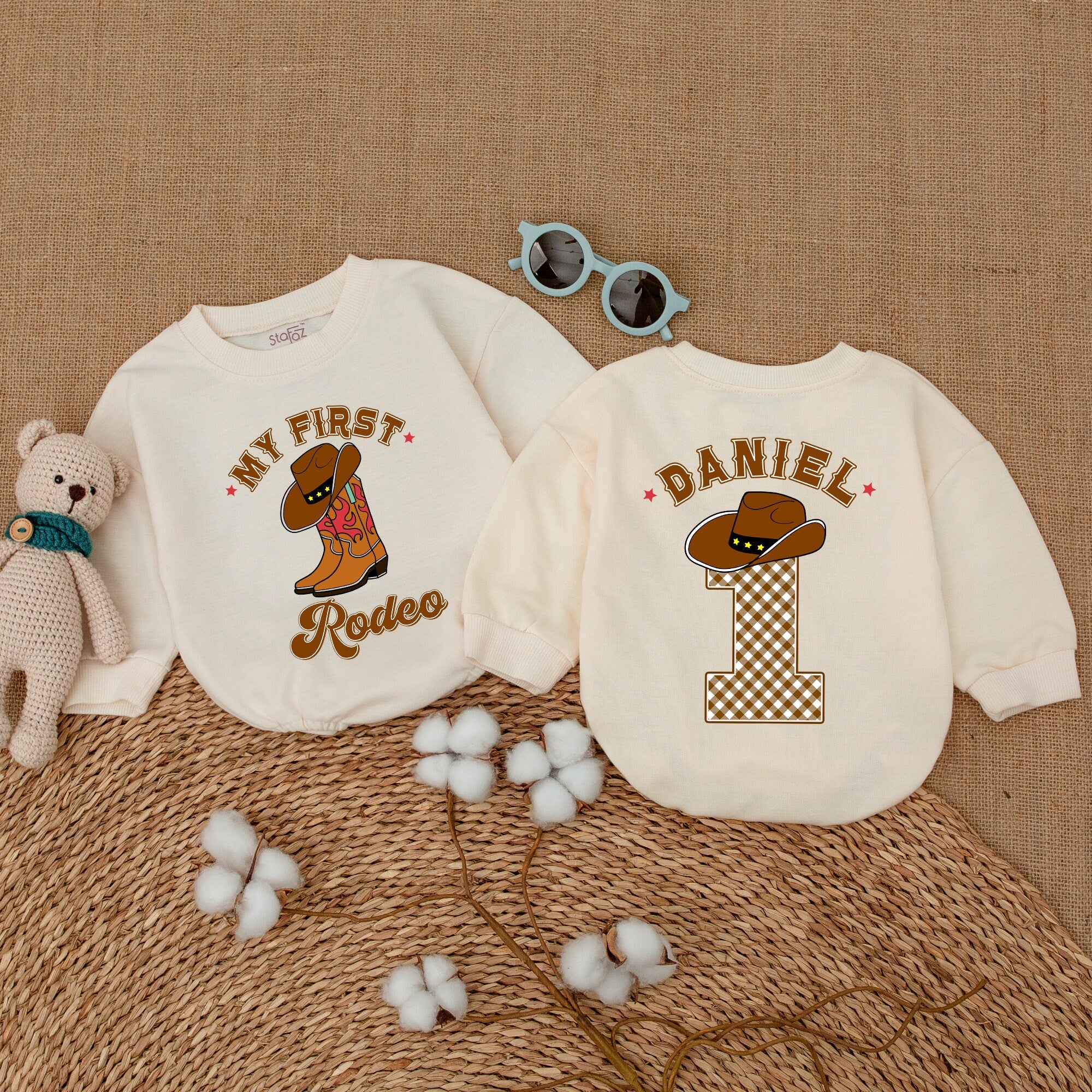Custom My First Rodeo Cowboy Boot Romper Baby Boy Western Birthday Outfit Personalized Name Gift