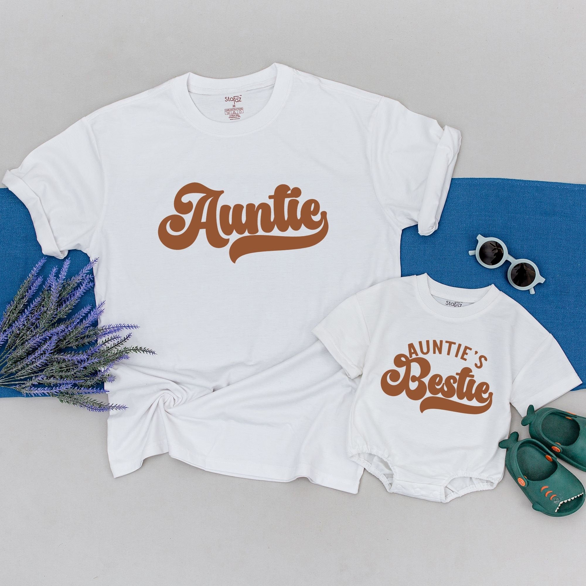 Personalized Auntie and Bestie Shirt Set Retro Style Matching Family Outfit Soft Cotton Gift for Niece Nephew Birthday or Casual Wear