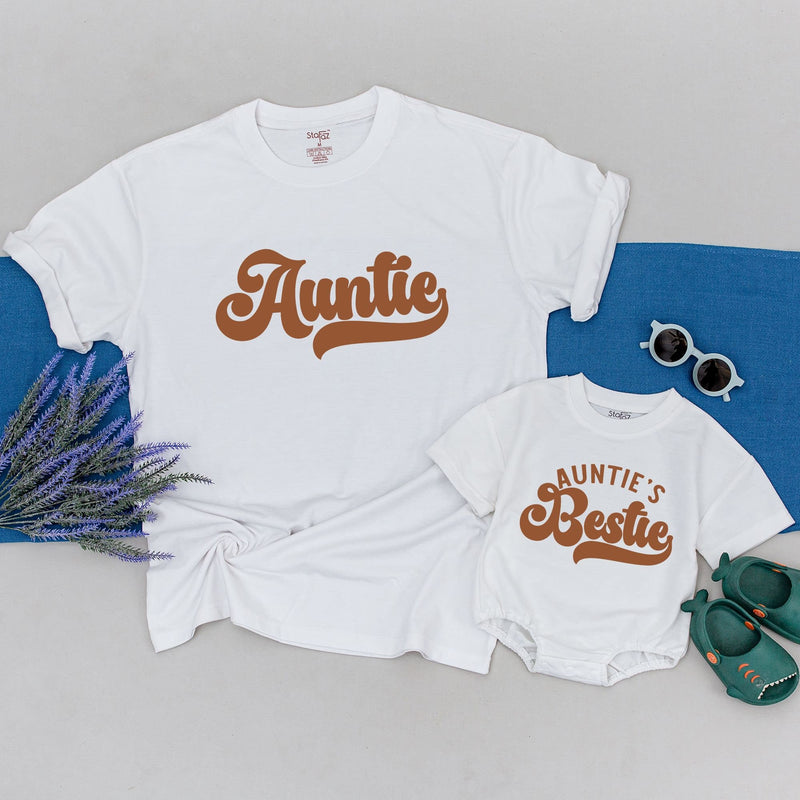 Personalized Auntie and Bestie Shirt Set Retro Style Matching Family Outfit Soft Cotton Gift for Niece Nephew Birthday or Casual Wear