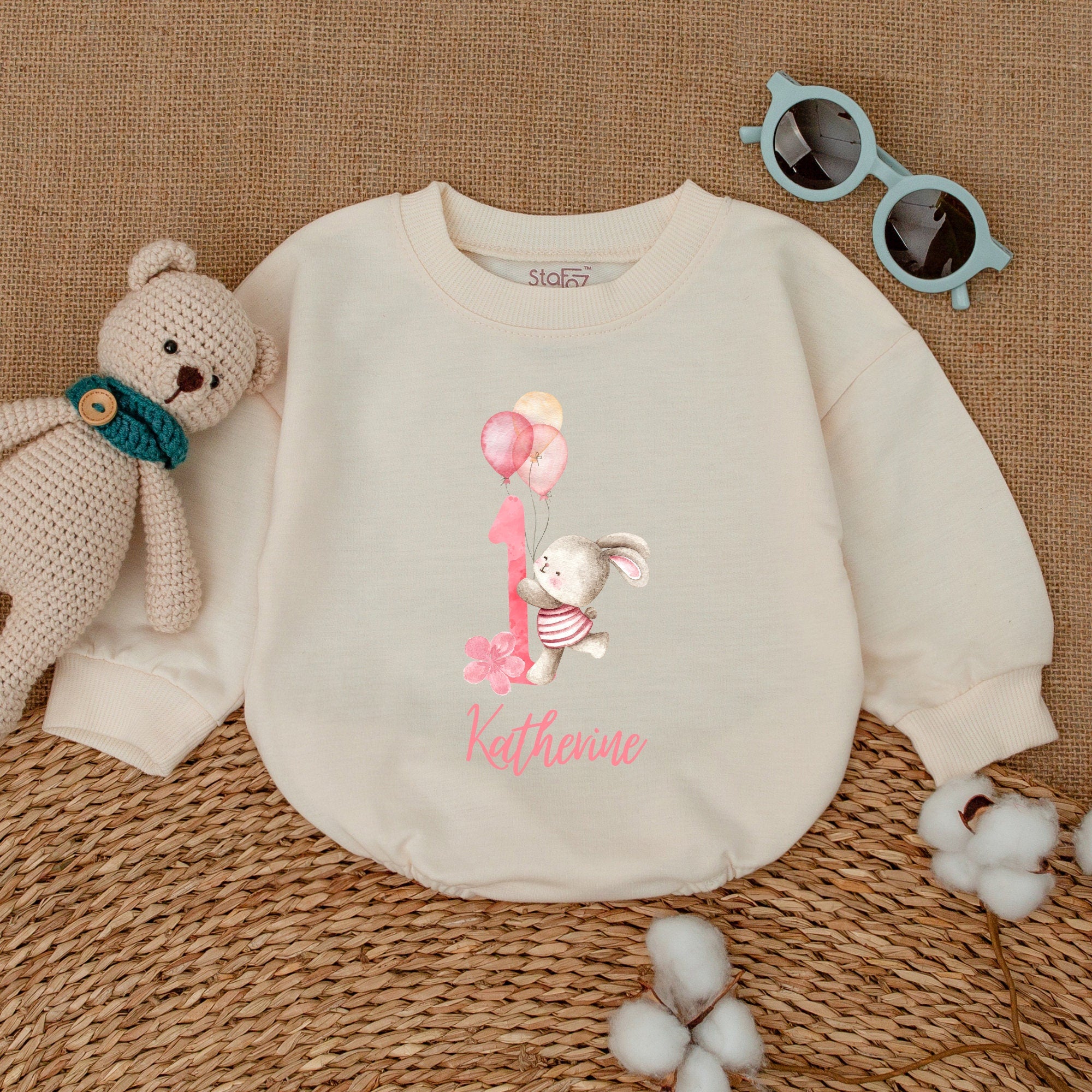 Custom Bunny Birthday Romper for Girls with Personal Name