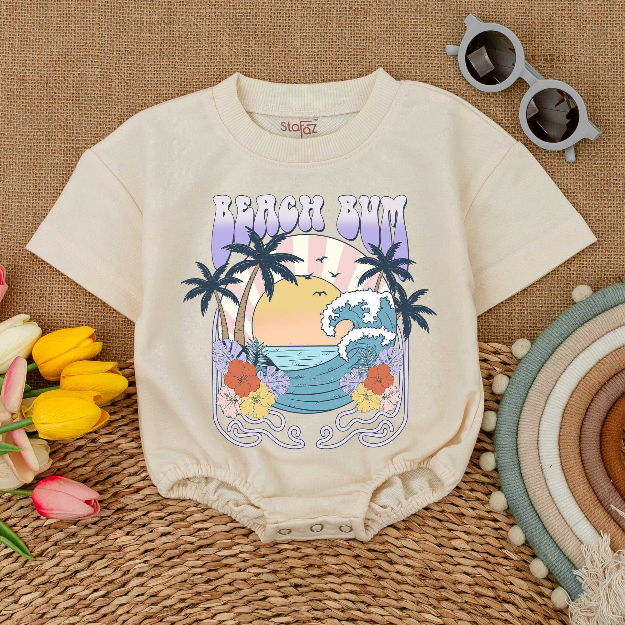 Beach Bum Baby Bodysuit with Palm Trees and Sunset Cotton Summer Romper Tropical Newborn Outfit for Beach Trips Hipster Baby Clothes