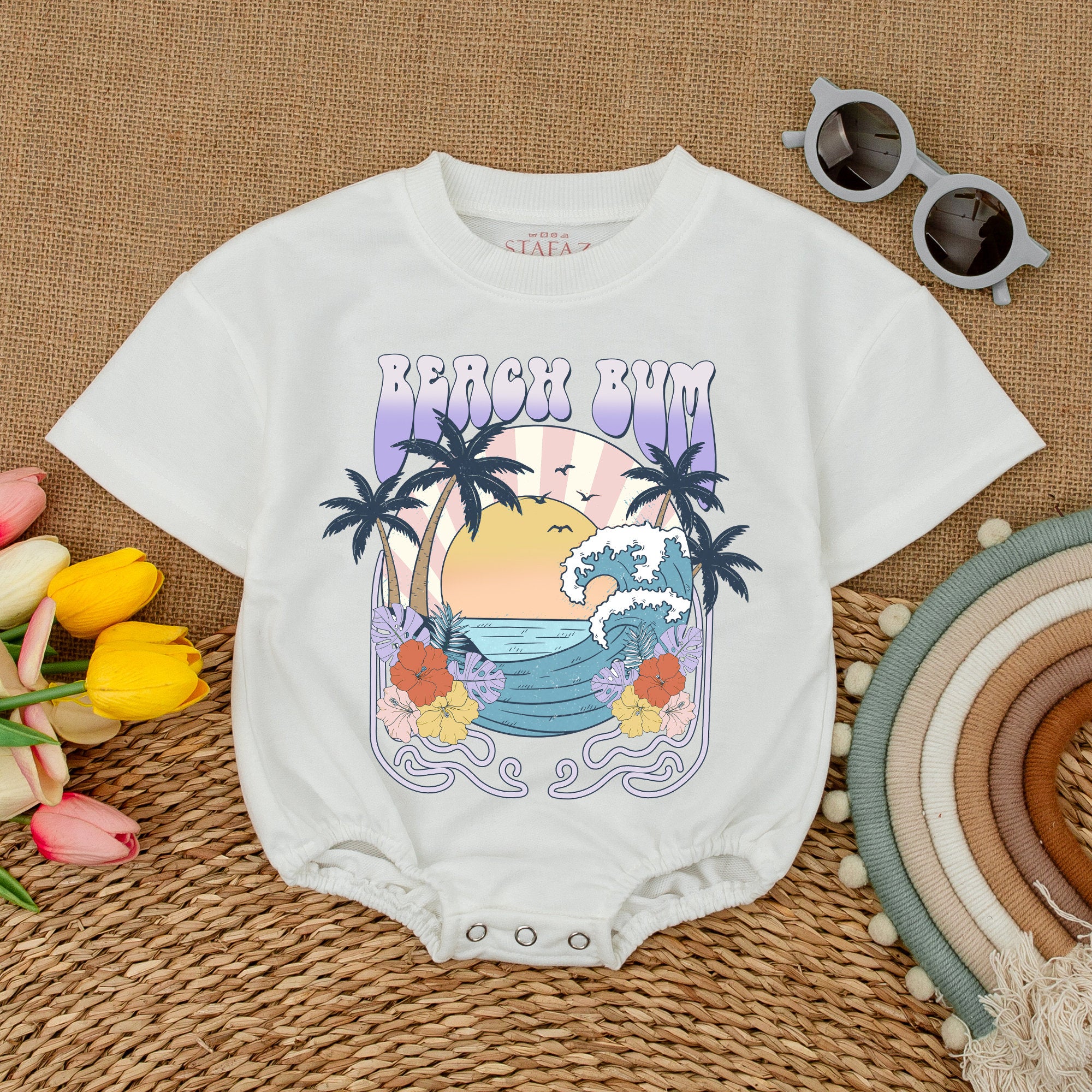 Beach Bum Baby Bodysuit with Palm Trees and Sunset Cotton Summer Romper Tropical Newborn Outfit for Beach Trips Hipster Baby Clothes