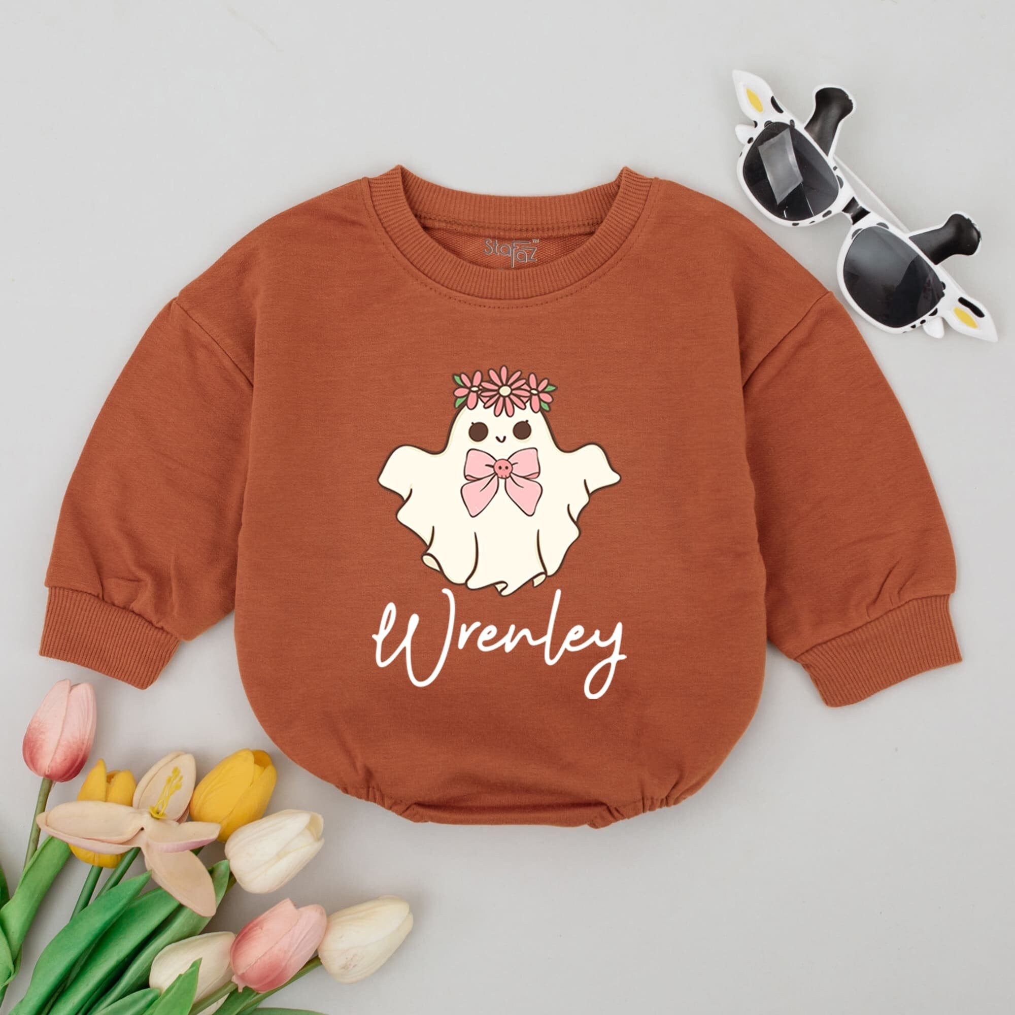 Personalized Hippie Ghost Baby Romper Flower Crown Halloween Outfit Soft Cotton Newborn Bodysuit Infant Fall Clothes Cute Custom Gift