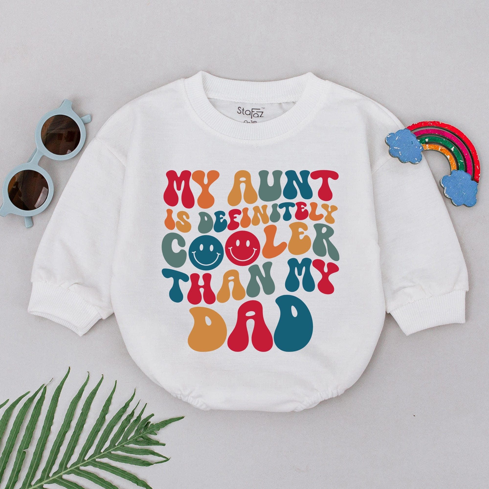 My Aunt is Cooler Romper Whimsical Retro Baby Outfit Colorful Text Design Newborn Gift for Girls Boys Infant Shower Party Wear