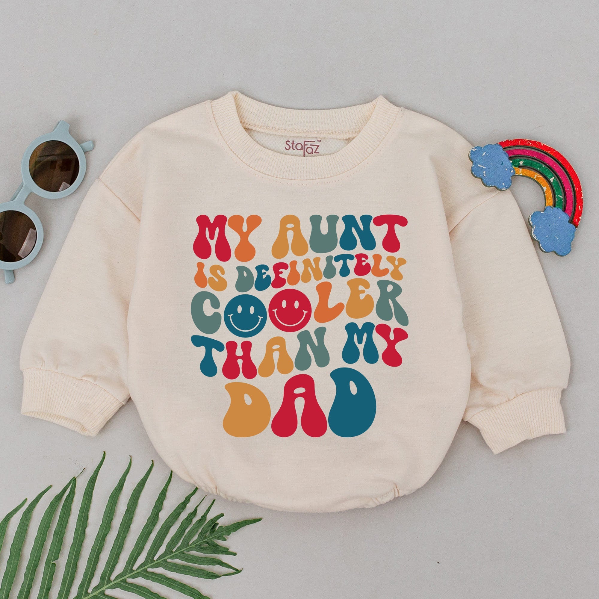 My Aunt is Cooler Romper Whimsical Retro Baby Outfit Colorful Text Design Newborn Gift for Girls Boys Infant Shower Party Wear