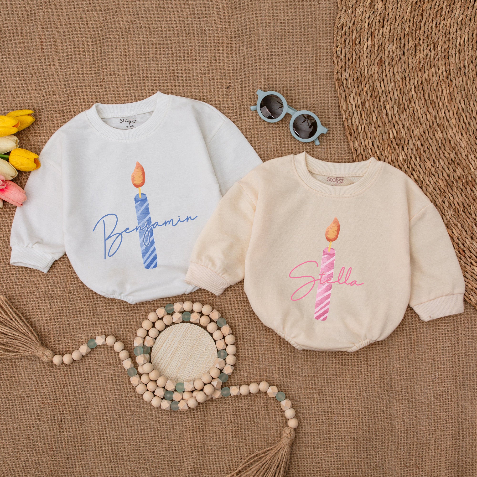 Personalized Birthday Candle Baby Romper Custom Name First Birthday Outfit Soft Cotton Infant Clothes Pink or Blue Design