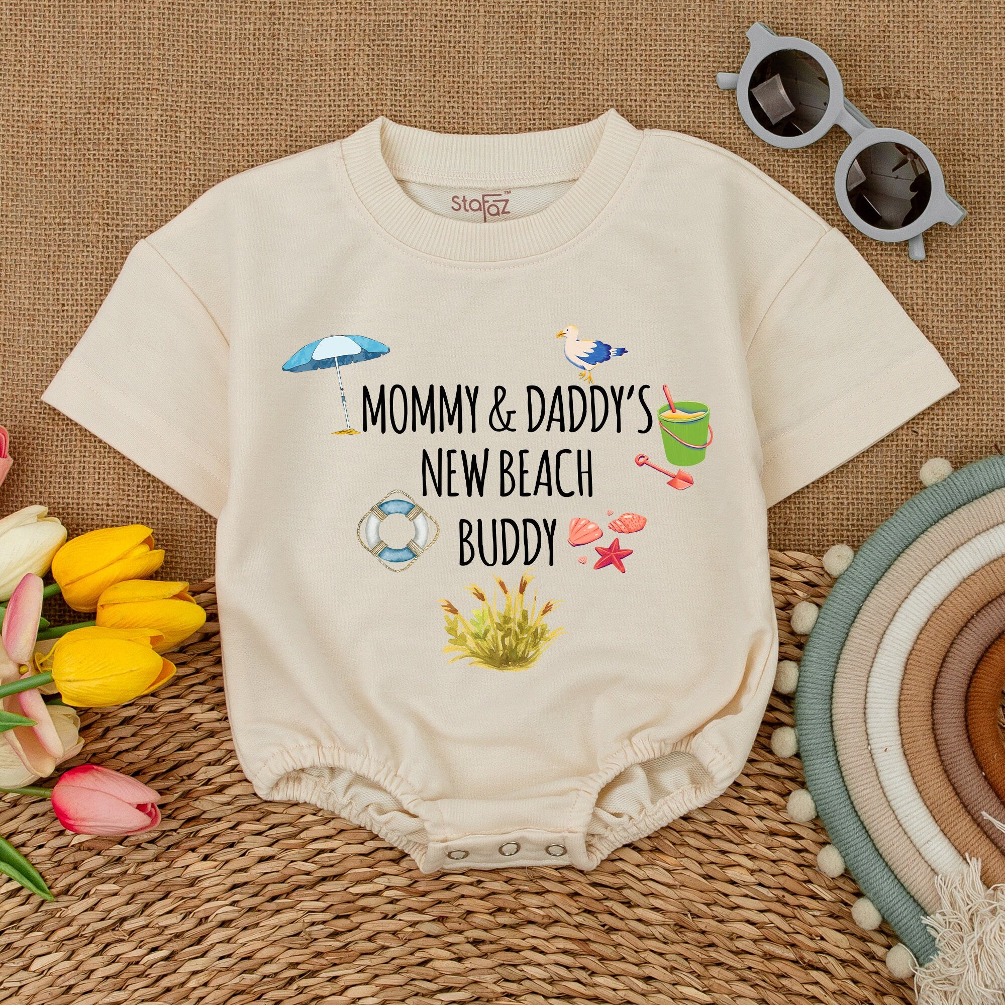 Mommy & Daddy's New Beach Buddy Bodysuit for Baby Nautical Design with Umbrella Seagull Seashells Perfect for Beach Trip or Shower