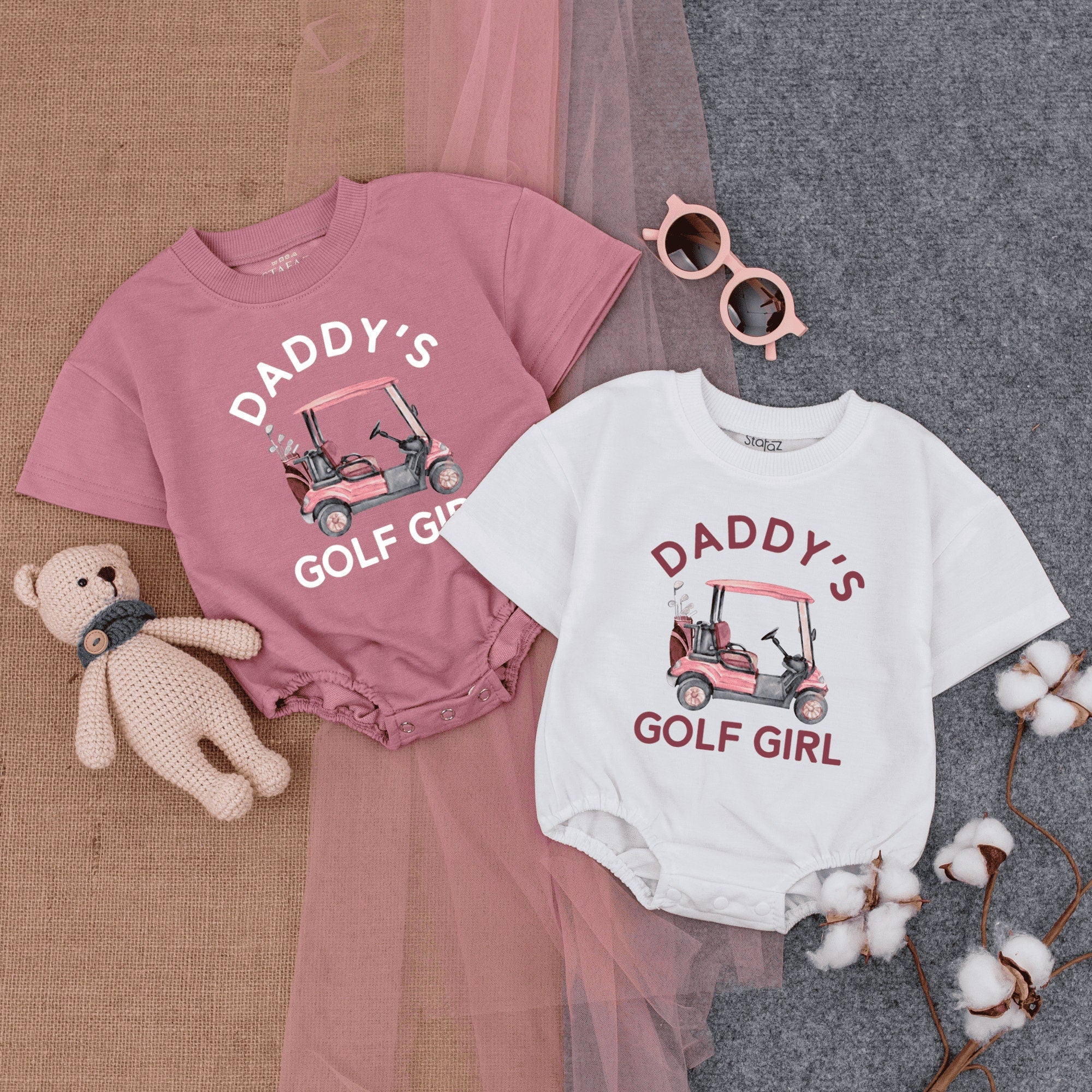 Daddy's Golf Girl Pink Romper with Cute Cart Design Infant Toddler Tee Father's Day Gift for Baby Girl Soft Cotton Playful Outfit