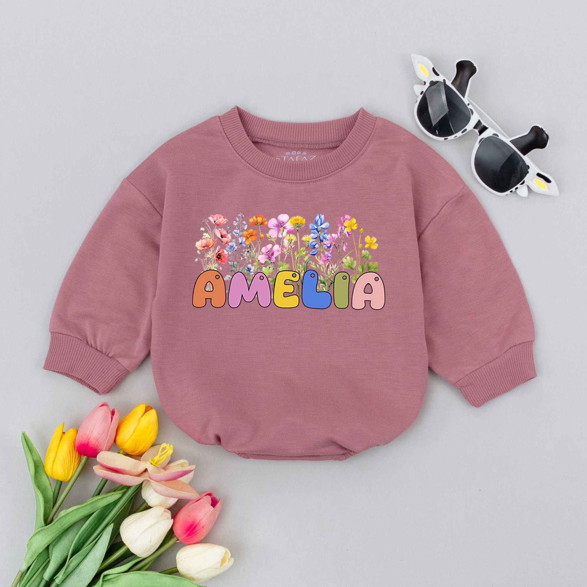 Personalized Amelia Baby Romper Vintage Floral Infant Outfit Charming Bohemian Garden Design Soft Comfortable Cotton Baby Shower Gift