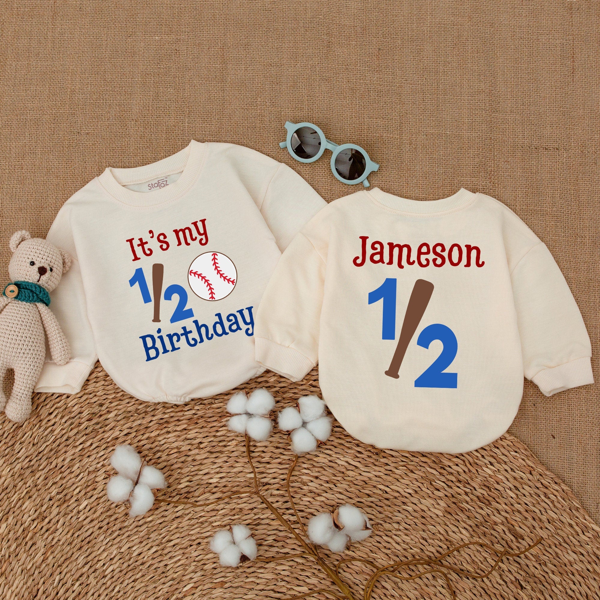 Custom It's My 1/2 Birthday Baseball Romper for Baby Boy 6 Months Outfit Playful Red Blue Design Personalized Name Jameson