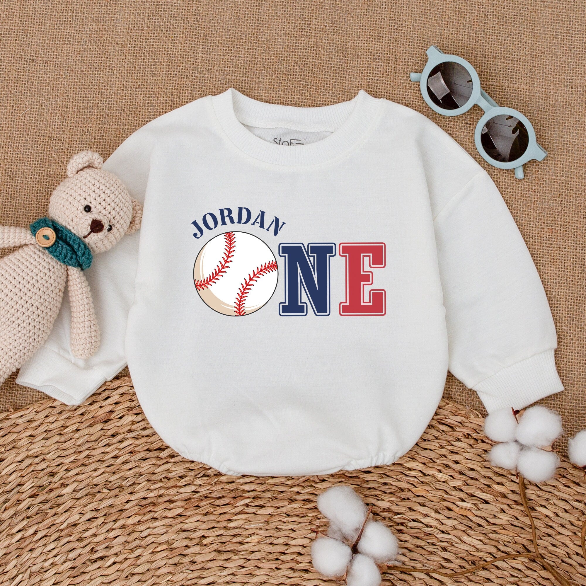Custom Baseball First Birthday Romper with Name 'Jordan'