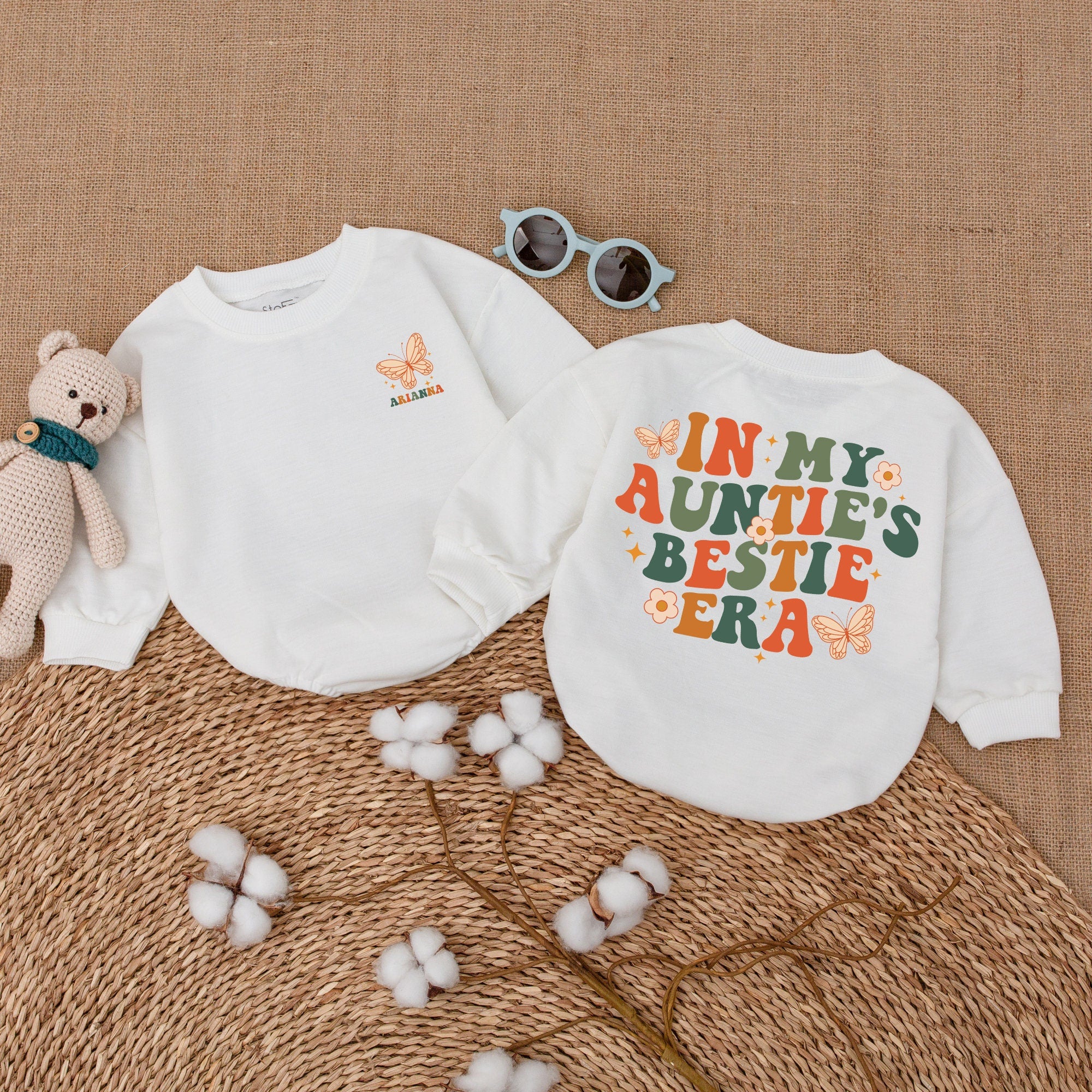Custom In My Auntie's Bestie Baby Romper with Butterflies, Soft Cotton Newborn Outfit, Playful Orange and Green Text Design, Perfect Gift for Aunt's Little Buddy, Infant Toddler Clothes for Birthday Holiday or Casual Wear