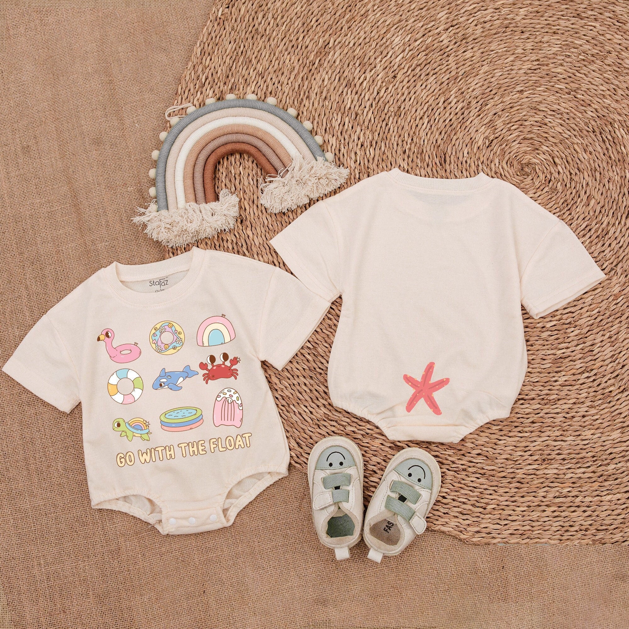 Go With The Float Baby Girl Bubble Romper Summer Beach Outfit Gift Colorful Flamingo Dolphin Crab Design Cotton Playful Baby Shower Present