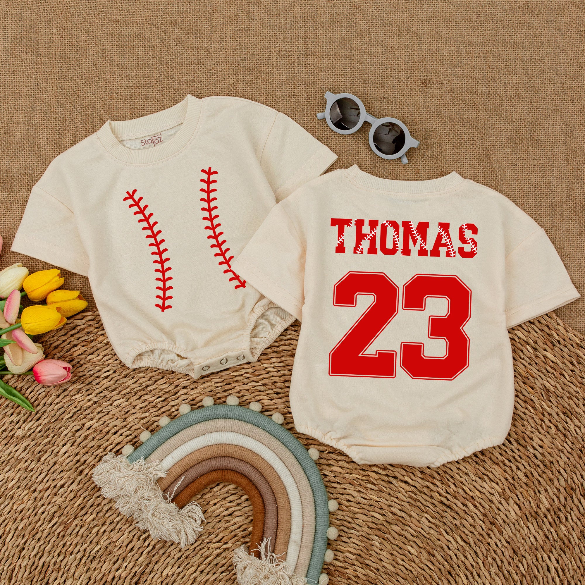 Custom Baseball Baby Romper with Name & Number