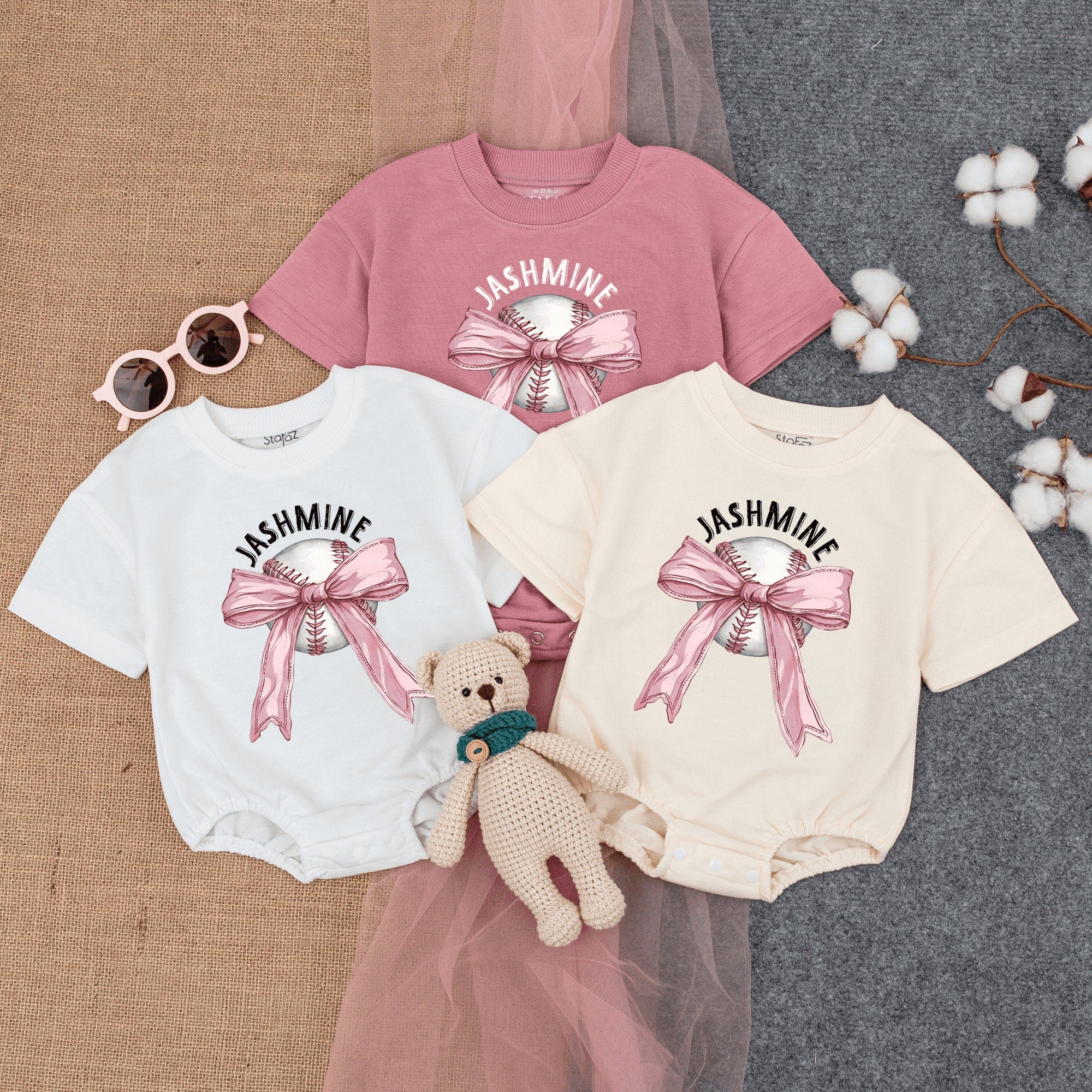 Cute Pink Bow Baseball Baby Girl Bodysuit Comfortable Soft Gameday Toddler T-shirt Infant Outfit Playful Sports Design Birthday Gift
