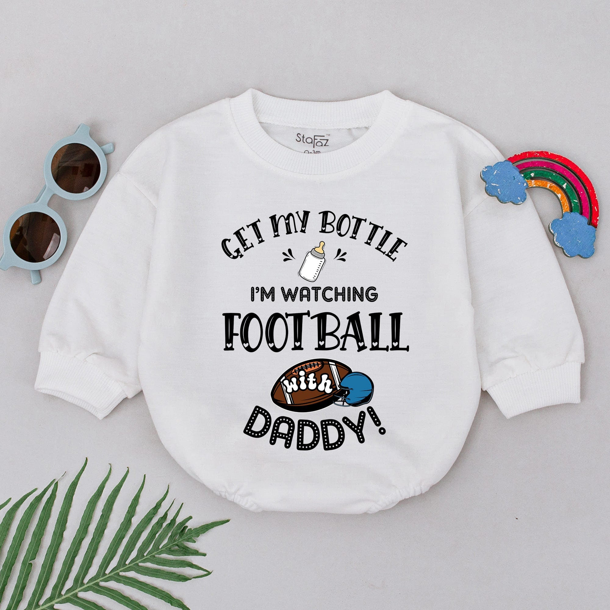 Get My Bottle I'm Watching Football With Daddy Romper Baby Boy Gift Outfit Father's Day Soft Cotton Playful Sports Design