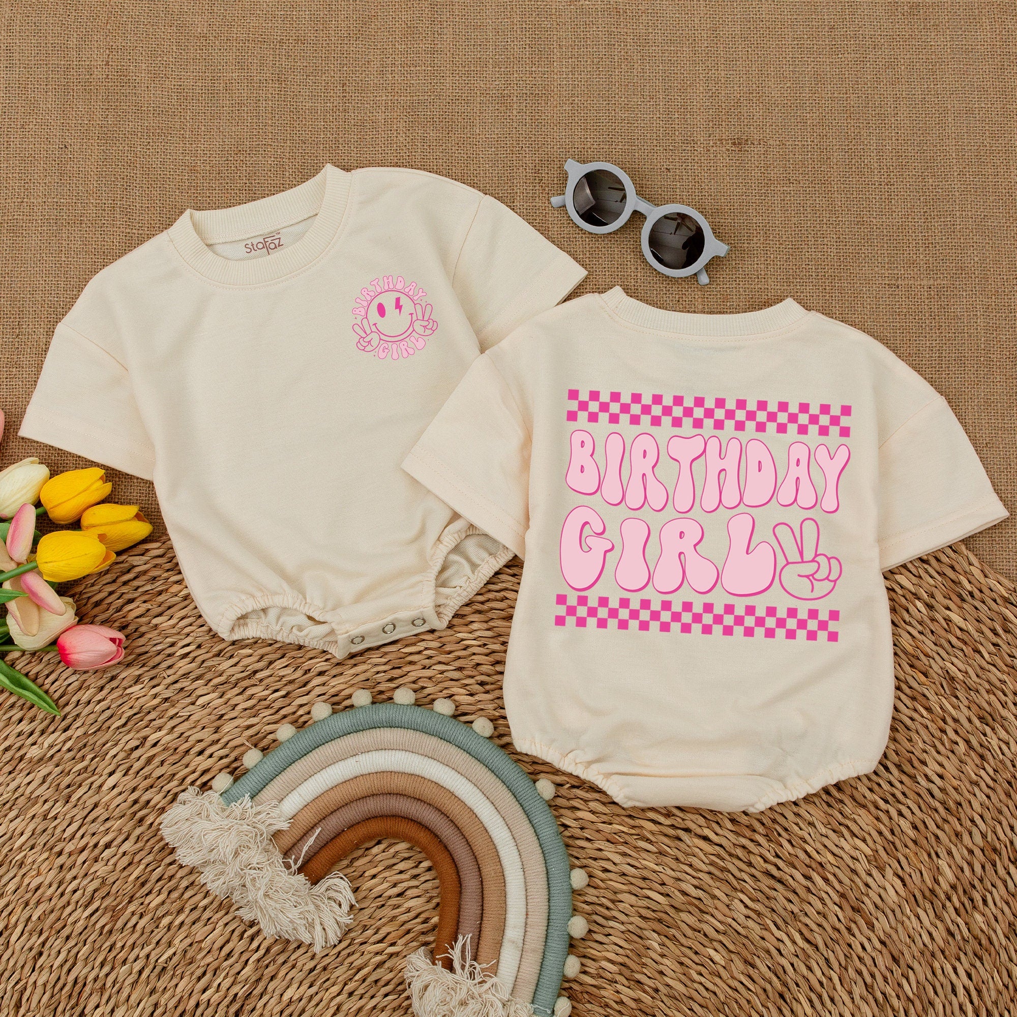 One Happy Babe Birthday Girl Romper with Smiley Face Design