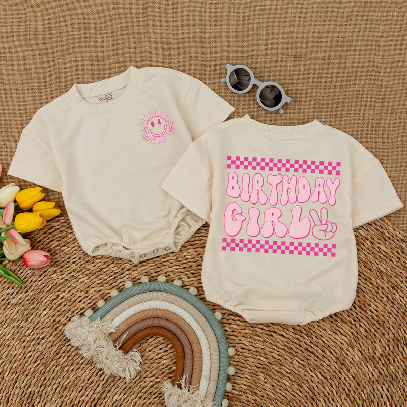 One Happy Babe Birthday Girl Romper with Smiley Face Design