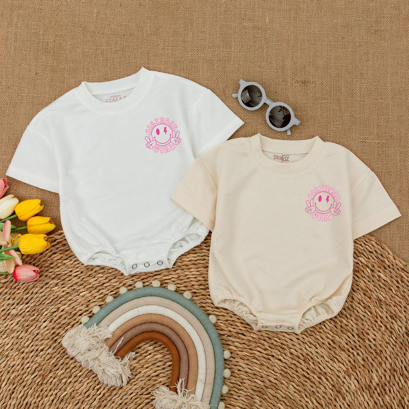One Happy Babe Birthday Girl Romper with Smiley Face Design