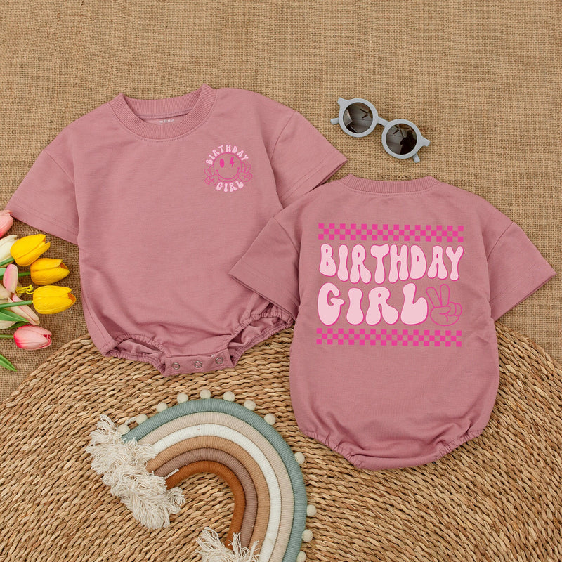 One Happy Babe Birthday Girl Romper with Smiley Face Design