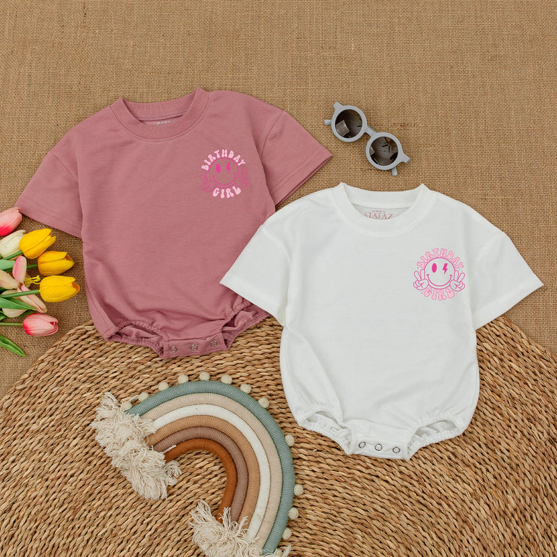 One Happy Babe Birthday Girl Romper with Smiley Face Design