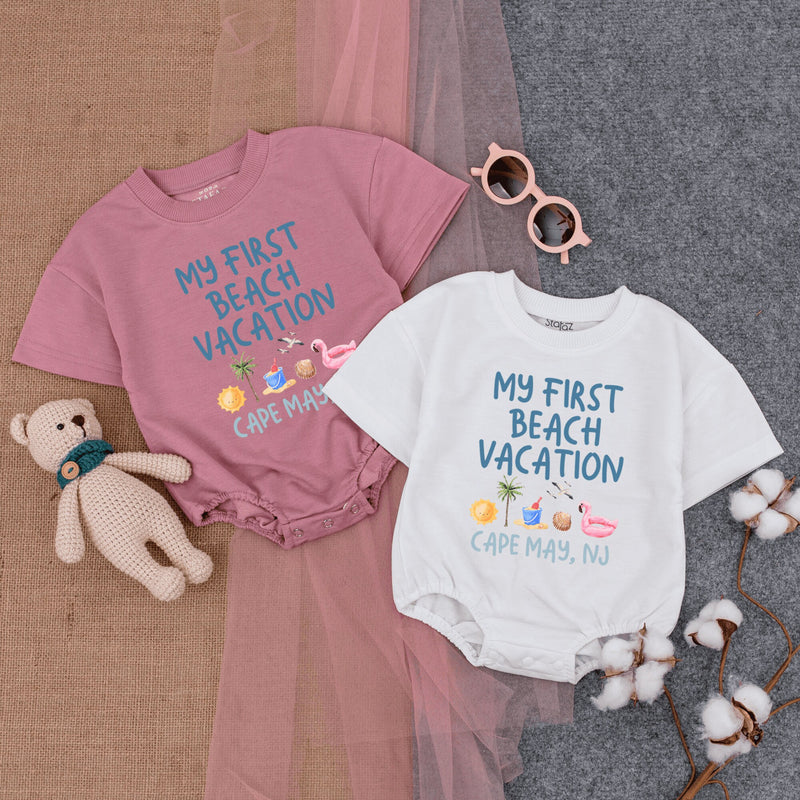 My First Beach Vacation Baby Romper - Cute Summer Bodysuit with Tropical Icons, Soft Cotton, Short-Sleeve Outfit for Baby's 1st Getaway