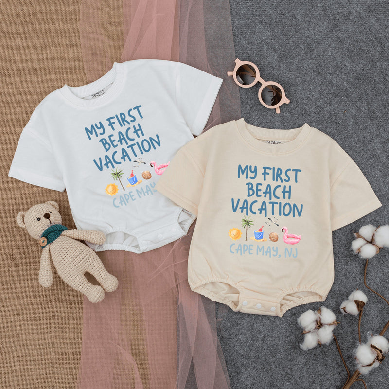 My First Beach Vacation Baby Romper - Cute Summer Bodysuit with Tropical Icons, Soft Cotton, Short-Sleeve Outfit for Baby's 1st Getaway