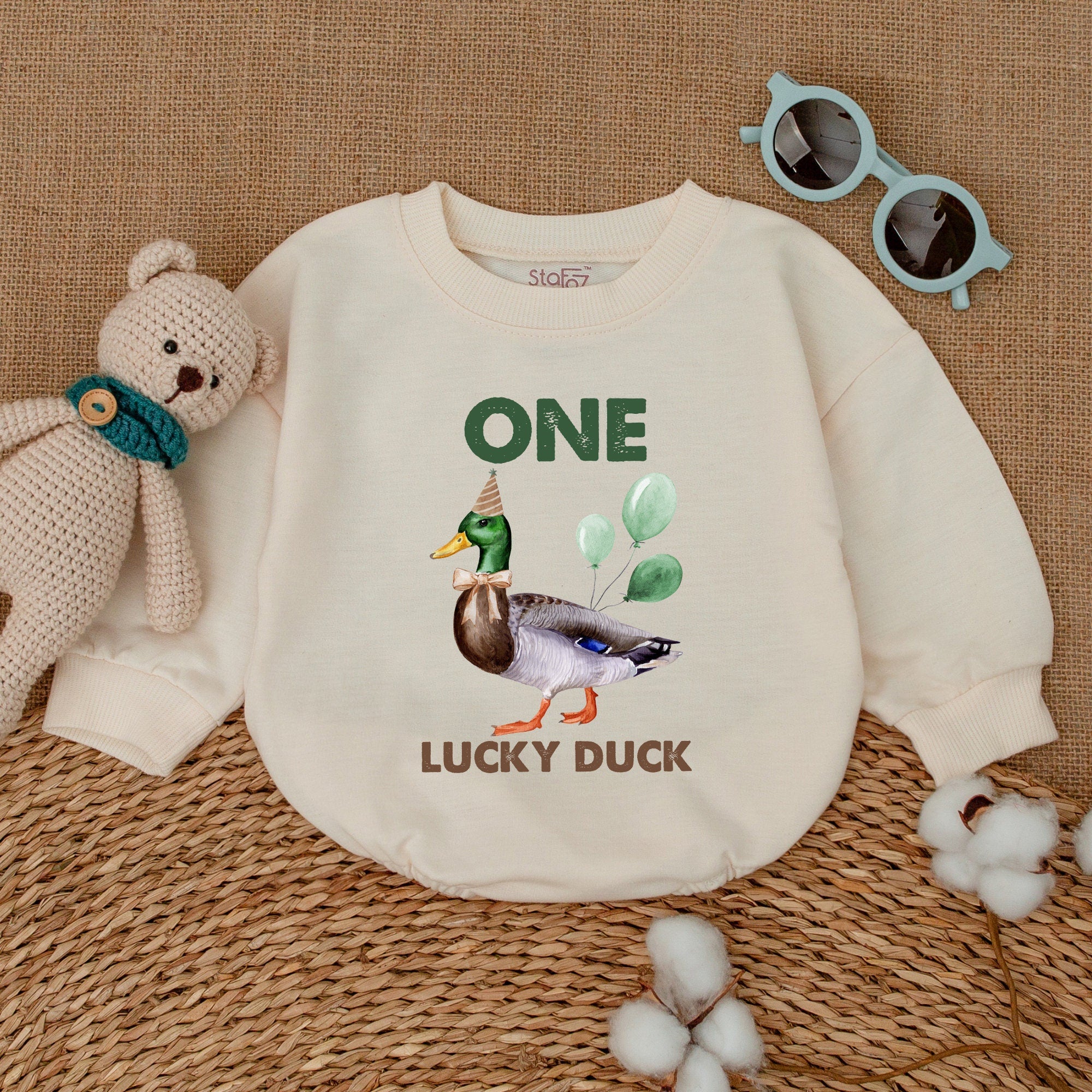 One Lucky Duck Mallard Romper Baby Bodysuit with Balloons Birthday Outfit Soft Cotton Infant Toddler Playful Animal Design Gift