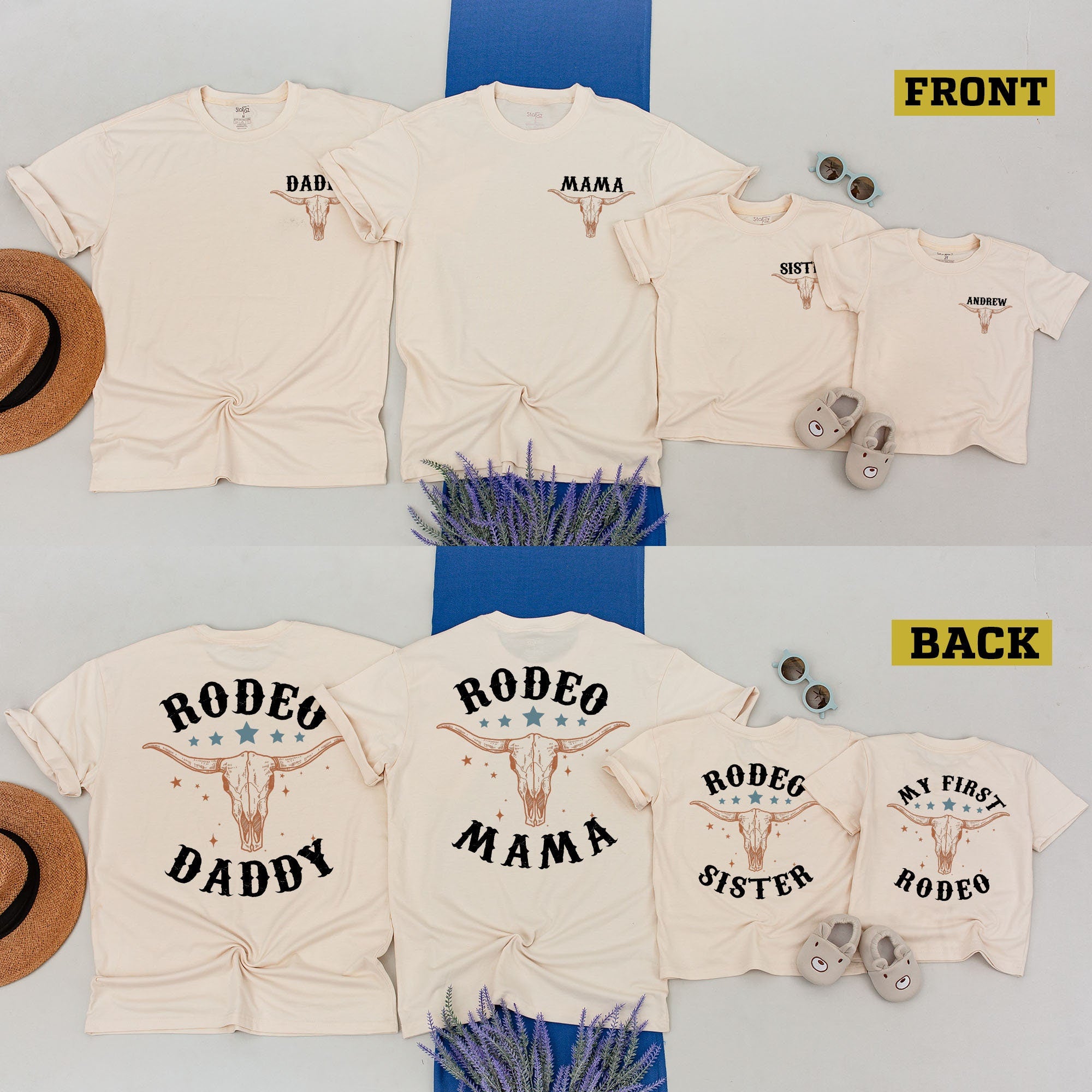 Custom Rodeo Birthday Boy Outfit Steer Skull Design Family Matching Shirts Personalized Name First Rodeo Celebration Toddler Tee