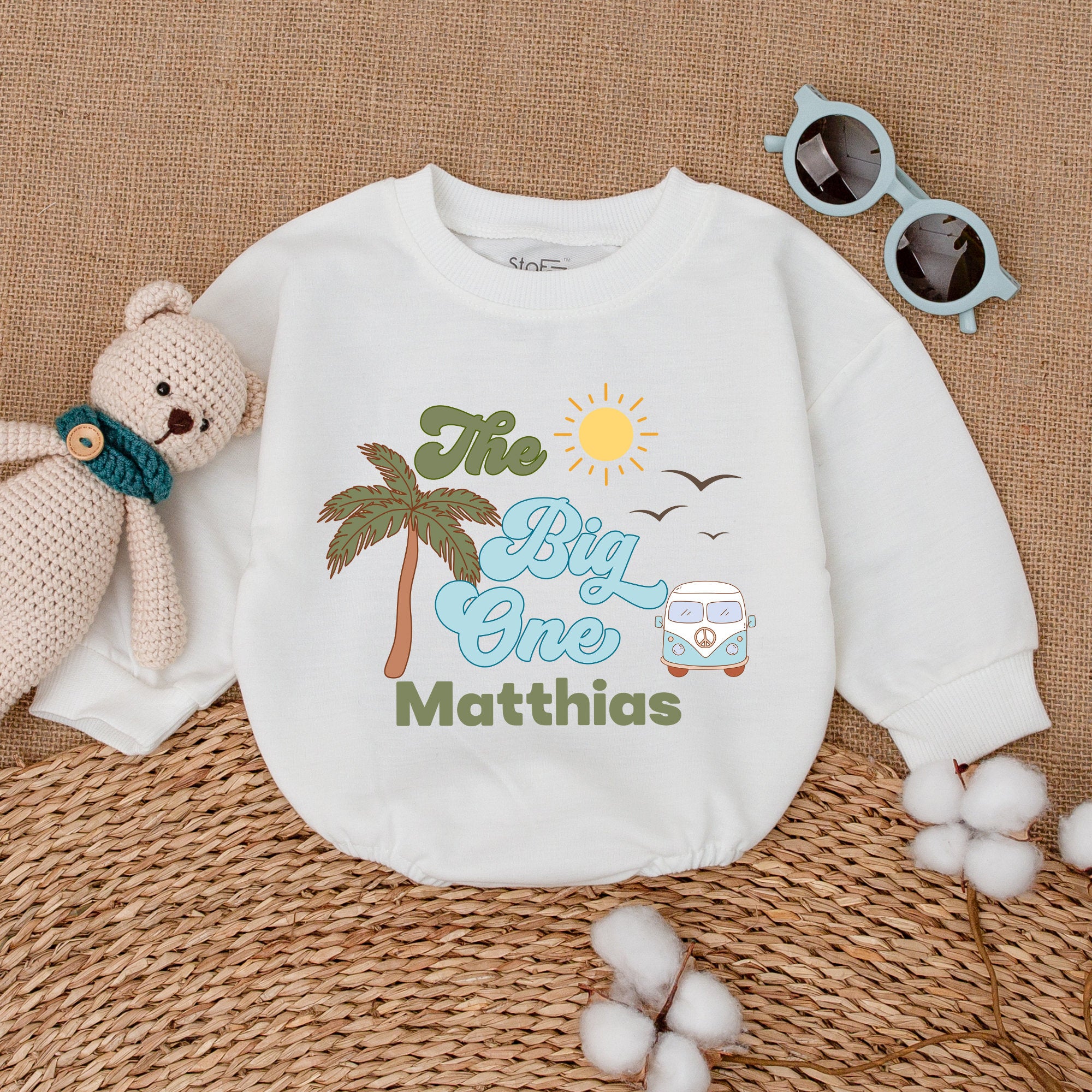 Custom The Big One Romper Surf Beach Birthday Outfit Baby Boy Girl 1st Birthday Celebration Palm Tree Retro Van Sun Smash Cake Outfit