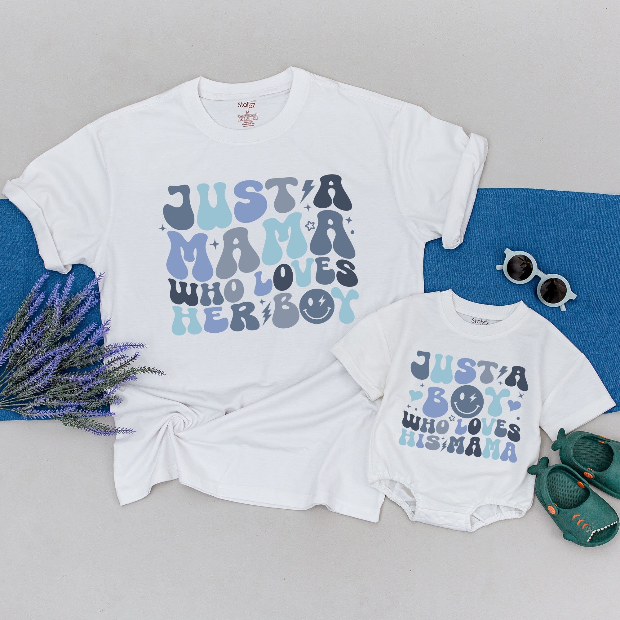 Just A Mama Who Loves Her Boy Matching Shirts Soft Cotton Mother Son Outfit Fun Gift First Mother's Day Blue Gray Design