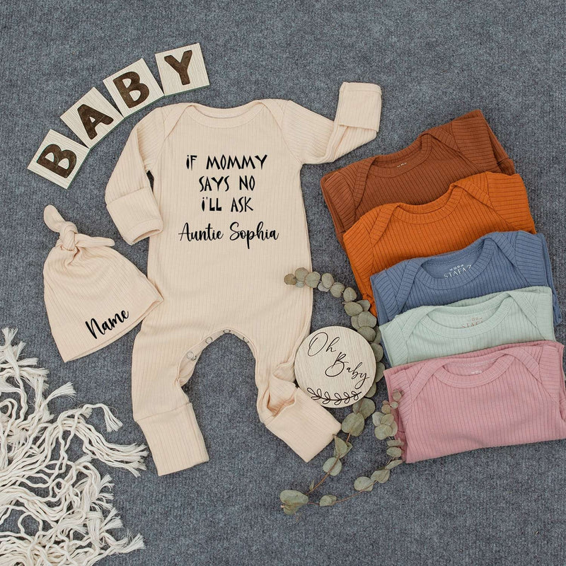 If Mommy Says No I'll Ask Auntie Sophia Custom Baby Bodysuit and Hat Cute Infant Outfit Gift for Newborn Soft Cotton Keepsake