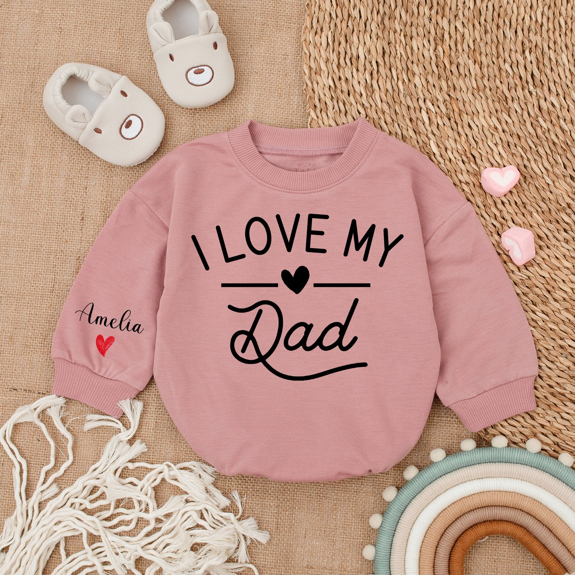I Love My Dad Baby Girl Romper Custom Name Sleeve Heart Design Gift Soft Cotton Outfit for Daddy's Girl Baby Shower Birthday