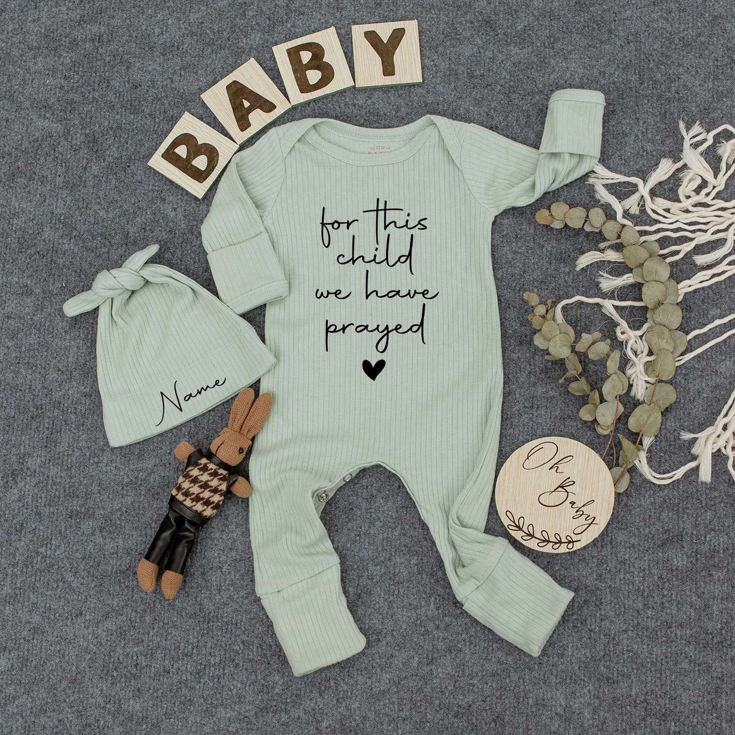 For This Child We Have Prayed Bodysuit with Name Hat
